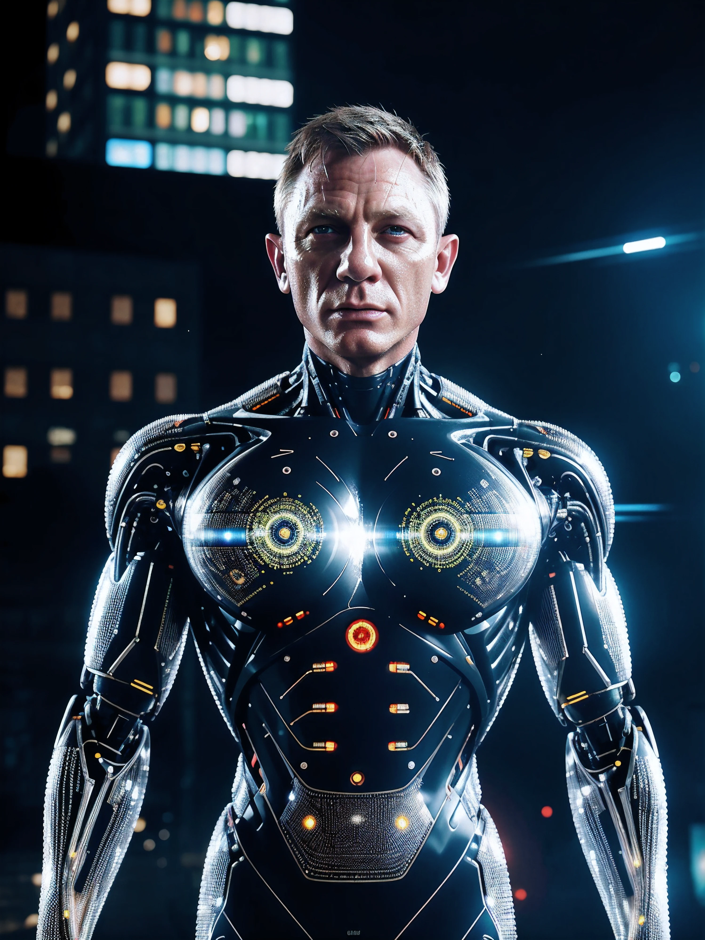 Daniel craig, cybernetic mutant, glitching, transparent skin with glowing veins, monocle, body, robot, morph, colorful mohawk hairstyle, silver tubes growing out of the body, holographic, robotic details, highly detailed cyberpunk style, real photo shoot, matrix, futuristic, background: like sin city