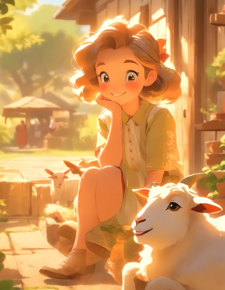 A girl sitting on a porch, cheerful eyes, broad smile, helping her grandfather make cheese, fresh goat's milk, detailed cheese-making process, wooden farm porch, rustic atmosphere, warm sunlight, golden hour lighting, serene countryside, rural ambiance, old-fashioned farmhouse, traditional methods, nostalgic surroundings, comforting feeling, joyous collaboration, bonding between generations, happiness in simplicity, love and laughter, beautiful summer day, tranquil setting, idyllic scene, contagious enthusiasm, cherished moments, heartwarming interaction, pure innocence, rustic charm, heartwarming connection, delightful companionship, heartwarming smiles, lively goat herd in the background, lush greenery, vibrant nature, peaceful countryside. (best quality, 4k, highres, masterpiece:1.2), ultra-detailed, realistic:1.37, vivid colors, warm color palette, soft and gentle lighting.