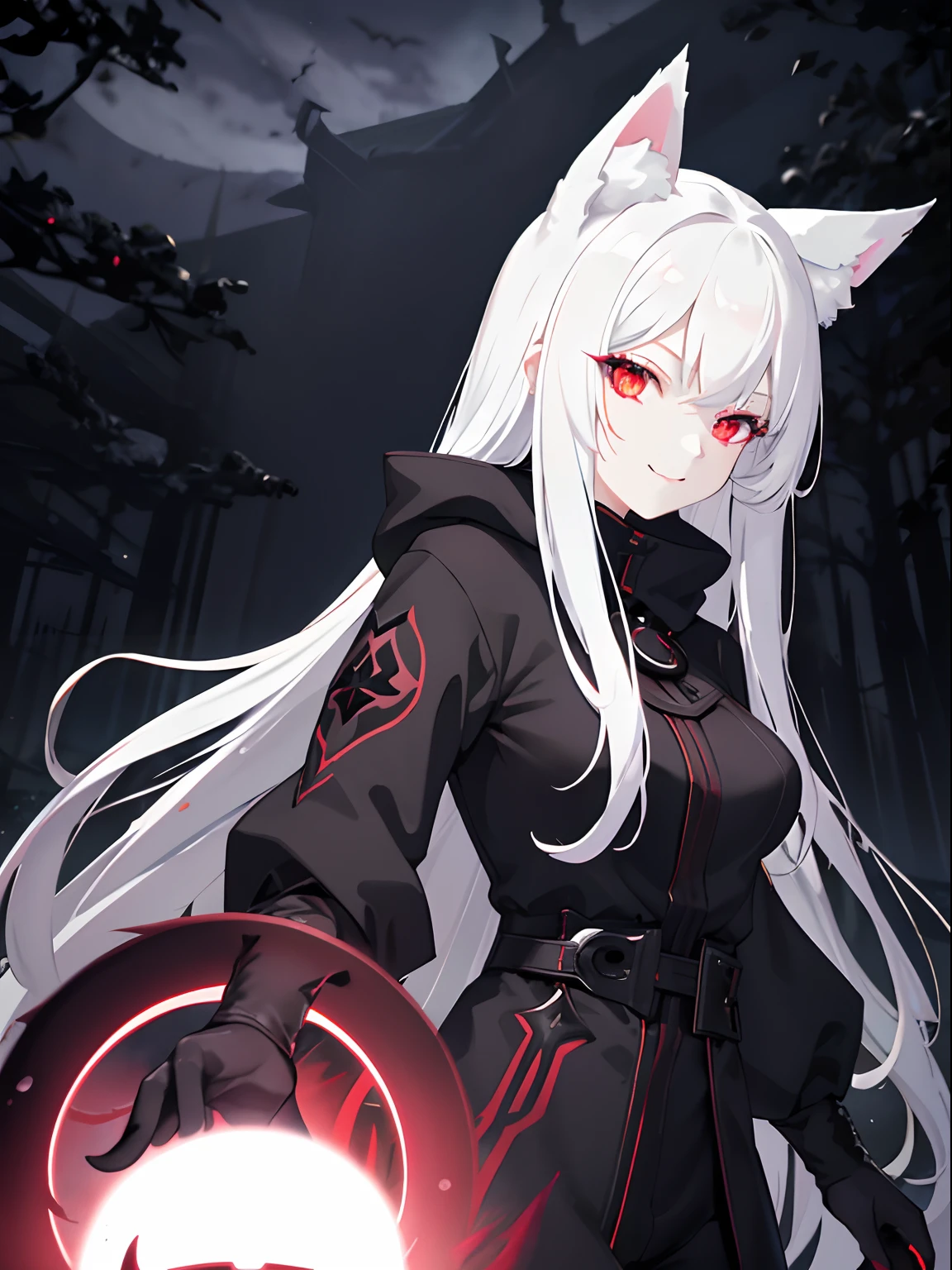 Best Quality, 1 girl, White hair, redeyes, Glowing red eyes, Beast Girl,Fox ears, eye line, Evil smile, Dark atmosphere, Spooky, (Dark, Night:1.6), Spooky, Outdoors, hand on the breasts,(Body),Black long-sleeved coat,cool.