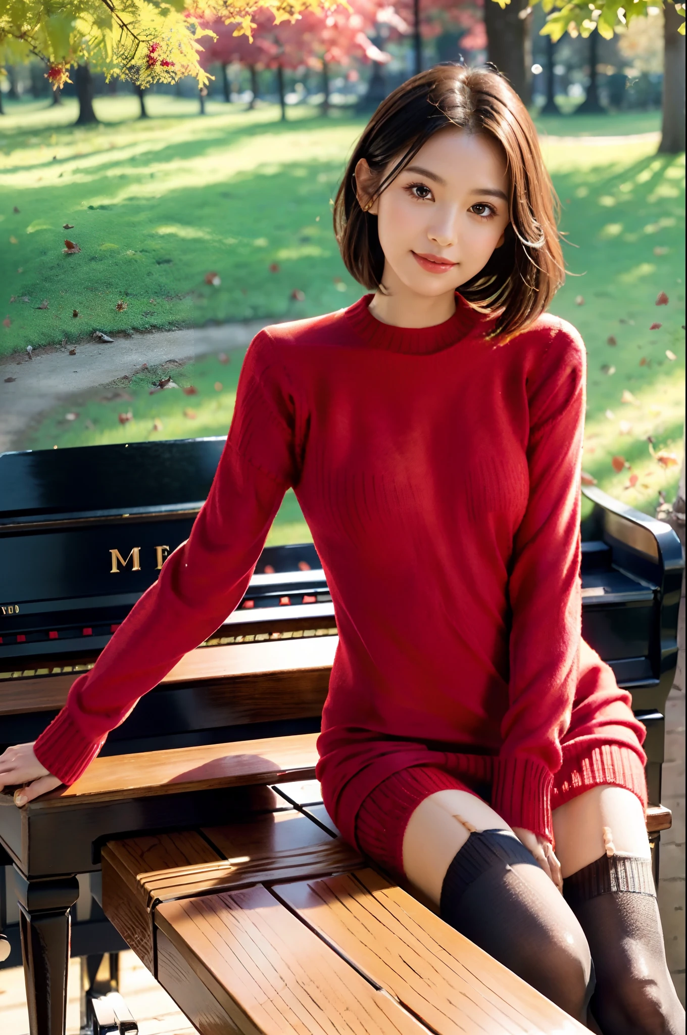 (shoulder-length straight short black hair:0.9),Upper body, （Extremely meticulous CG 8k wallpaper），（Extremely refined and beautiful），（Masterpiece），（best qualtiy:1.0），（Ultra High Resolution:1.0），beautiful light up，Perfect lightning，realistic shaded，[A high resolution],(Smooth and flawless fair skin:1.5),(shiny skin:1.5),Extremely exquisite facial details，ultra - detailed，A  girl，small head，Smile，cheerfulness, late autumn,afternoon，Close Shot,(in park:1.5), clear sky, blue sky,trees with red leaves,red leaves flying in the air,Many yellow leaves on the ground,Bright sunlight,Sitting upright on a stool next to a piano，(Playing piano with both hands:1.3)，enjoying a comfortable and intoxicated expression,small face,hair flying,(perfect body:1.1）,small breasts，flat chest，slim，thin，(red sweater Dress:1.5),(stockings:1.3),Slender legs,upper body
