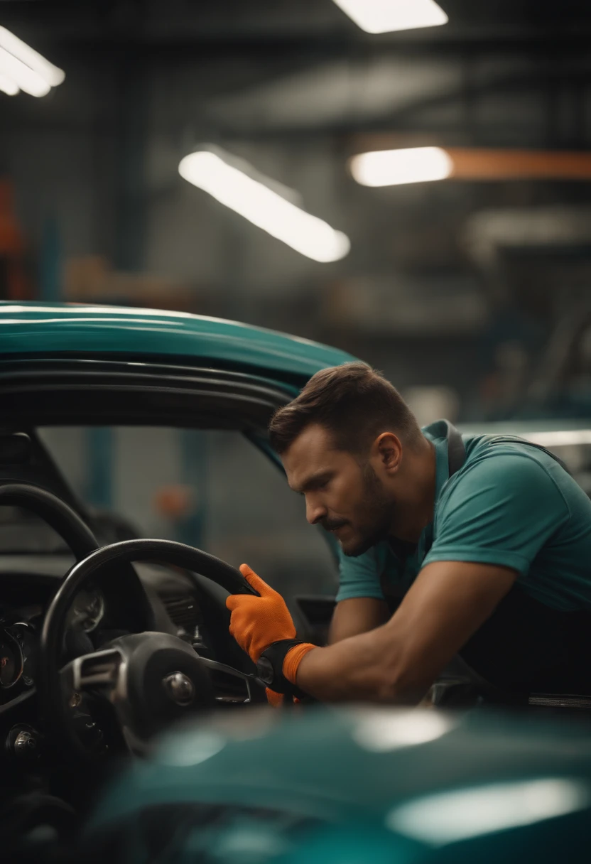 Mechanic in a car workshop pointing with hands to left side