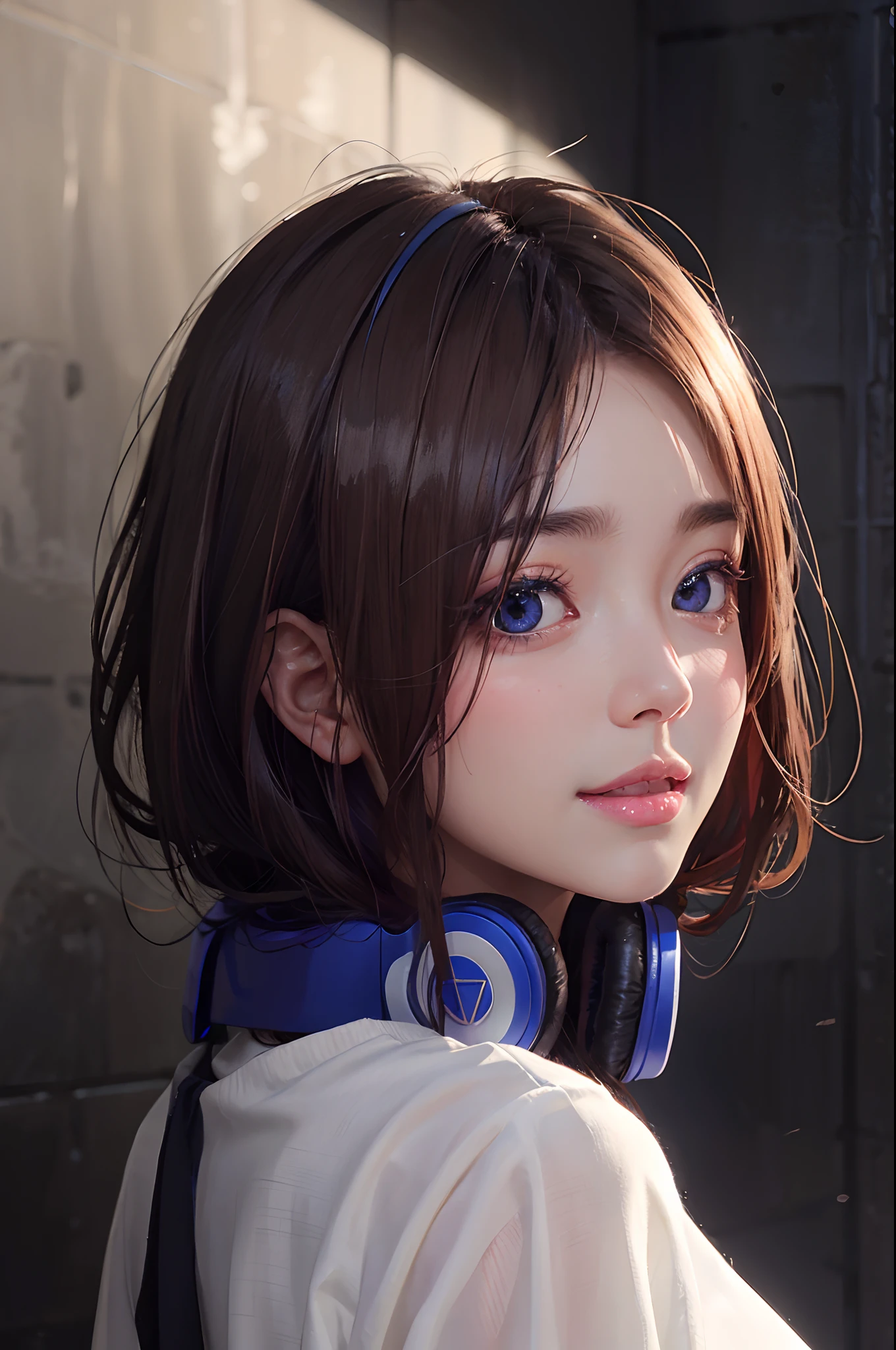 a 20 yo woman、Black blue Hair、Bery short hair、Big smile、(hi-top fade:1.3)、dark themed、Muted Tones、Subdued Color、highly contrast、(natural skin textures、Hyper-Realism、Soft light、sharp), cosplay of Miku nakano, Miku nakano character, hairstyle of Miku nakano, Ultra high res.photorealistic:.1.4, UHD, wearing a headphone in neck, Ultra high res.photorealistic:.1.4, UHD,  , ultra-detailed eyelashes, Ultra-detailed lips, precisely drawn lip wrinkles, beautiful shiny lips, (shiny skin due to sweat: 0.9), ((glossy lips:1.3)), smile:1.4, beautiful background, long hair, dynamic shadow, White background:75%