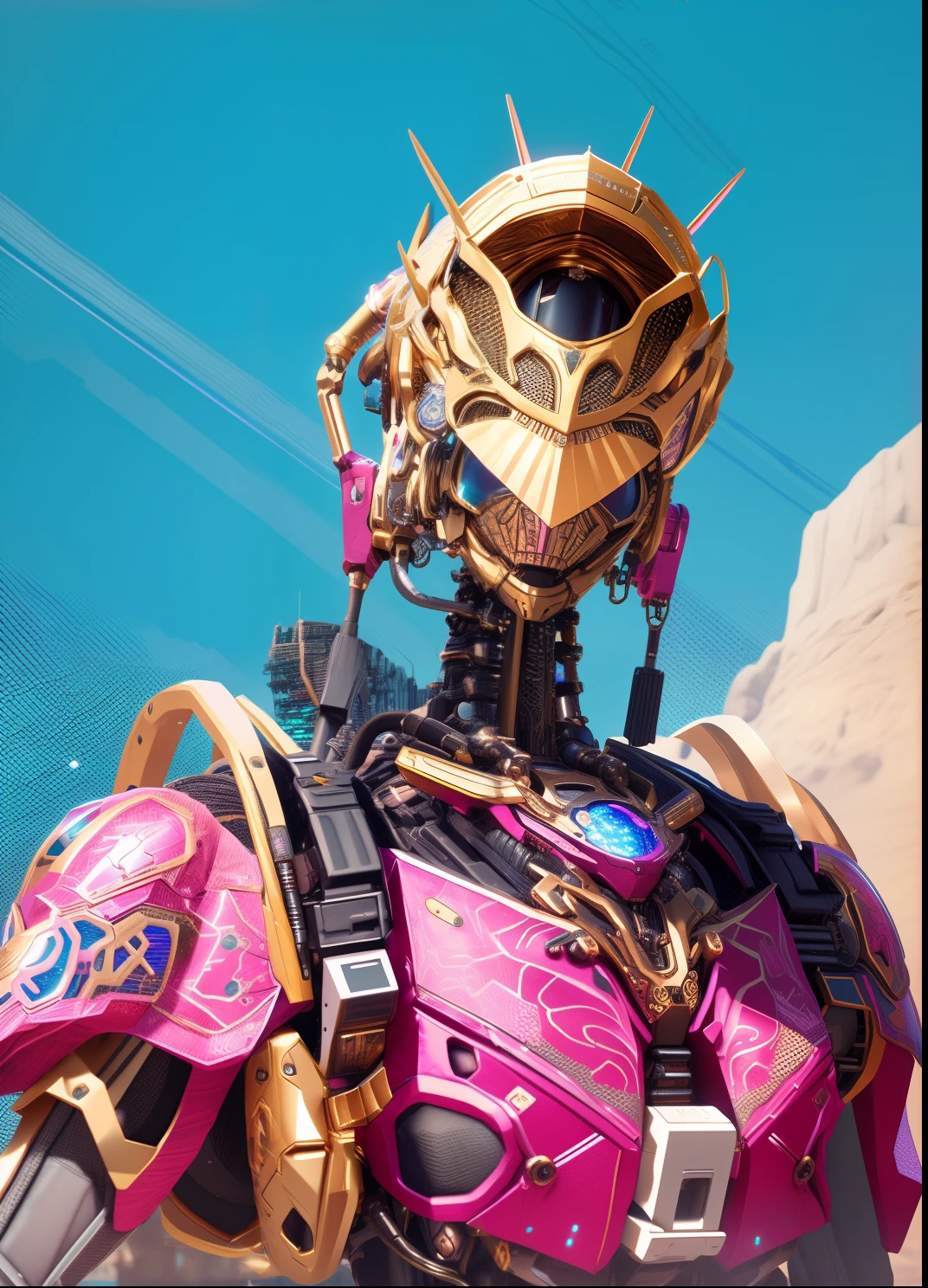 Close-up of robot in pink and gold costume, colorful vivid octane render, cybernetic and highly detailed, loba andrade from apex legends, created in unreal engine 5, made in unreal engine 5, trending on unreal engine 5, anfas portrait of a mech warrior, fantasy style 8 k octane render, rendered in unreal 5, rendered in high octane