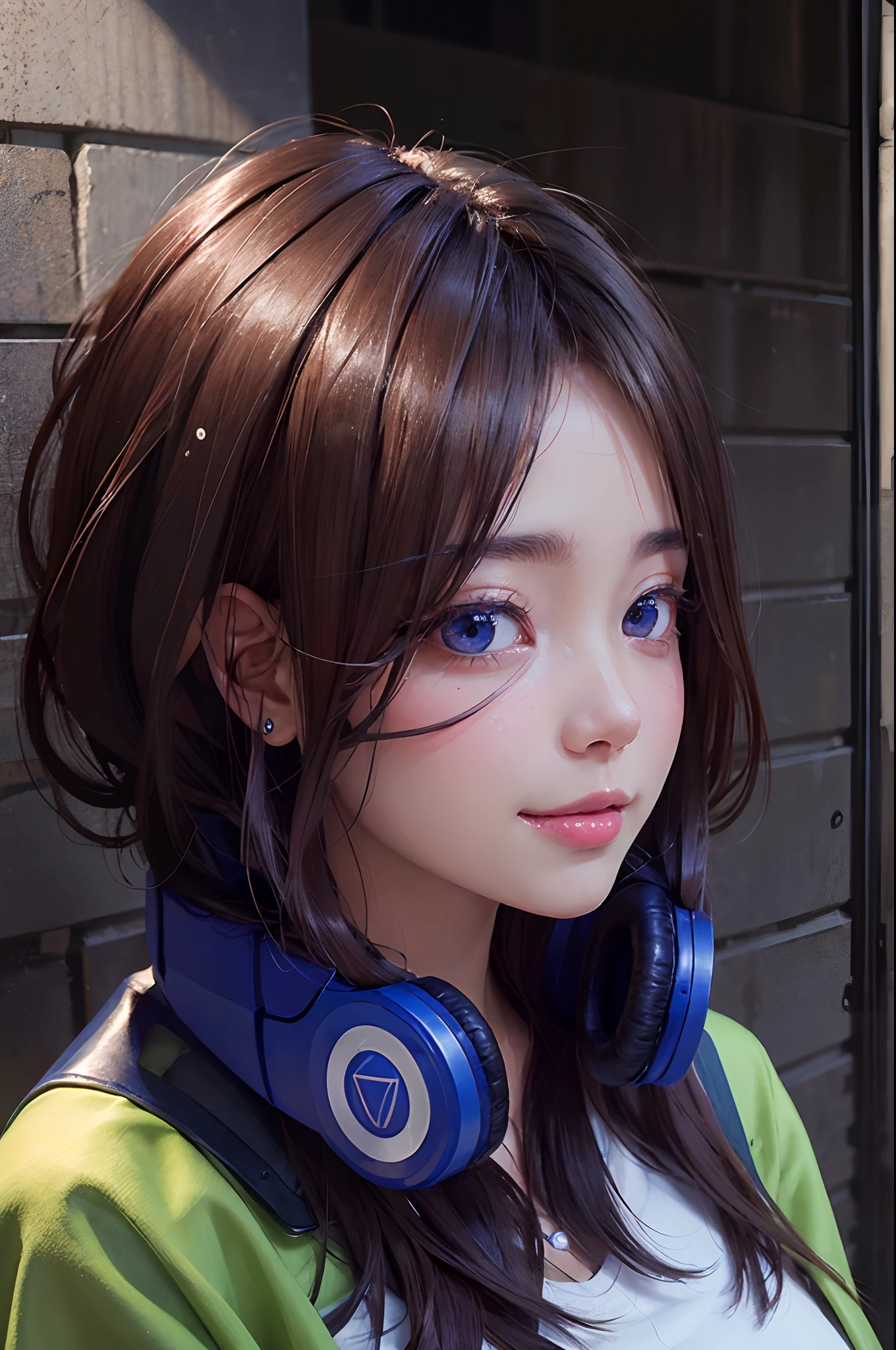 a 20 yo woman、Black blue Hair、Bery short hair、Big smile、(hi-top fade:1.3)、dark themed、Muted Tones、Subdued Color、highly contrast、(natural skin textures、Hyper-Realism、Soft light、sharp), cosplay of Miku nakano, Miku nakano character, hairstyle of Miku nakano, Ultra high res.photorealistic:.1.4, UHD, wearing a headphone in neck, Ultra high res.photorealistic:.1.4, UHD,  , ultra-detailed eyelashes, Ultra-detailed lips, precisely drawn lip wrinkles, beautiful shiny lips, (shiny skin due to sweat: 0.9), ((glossy lips:1.3)), smile:1.4, beautiful background, long hair