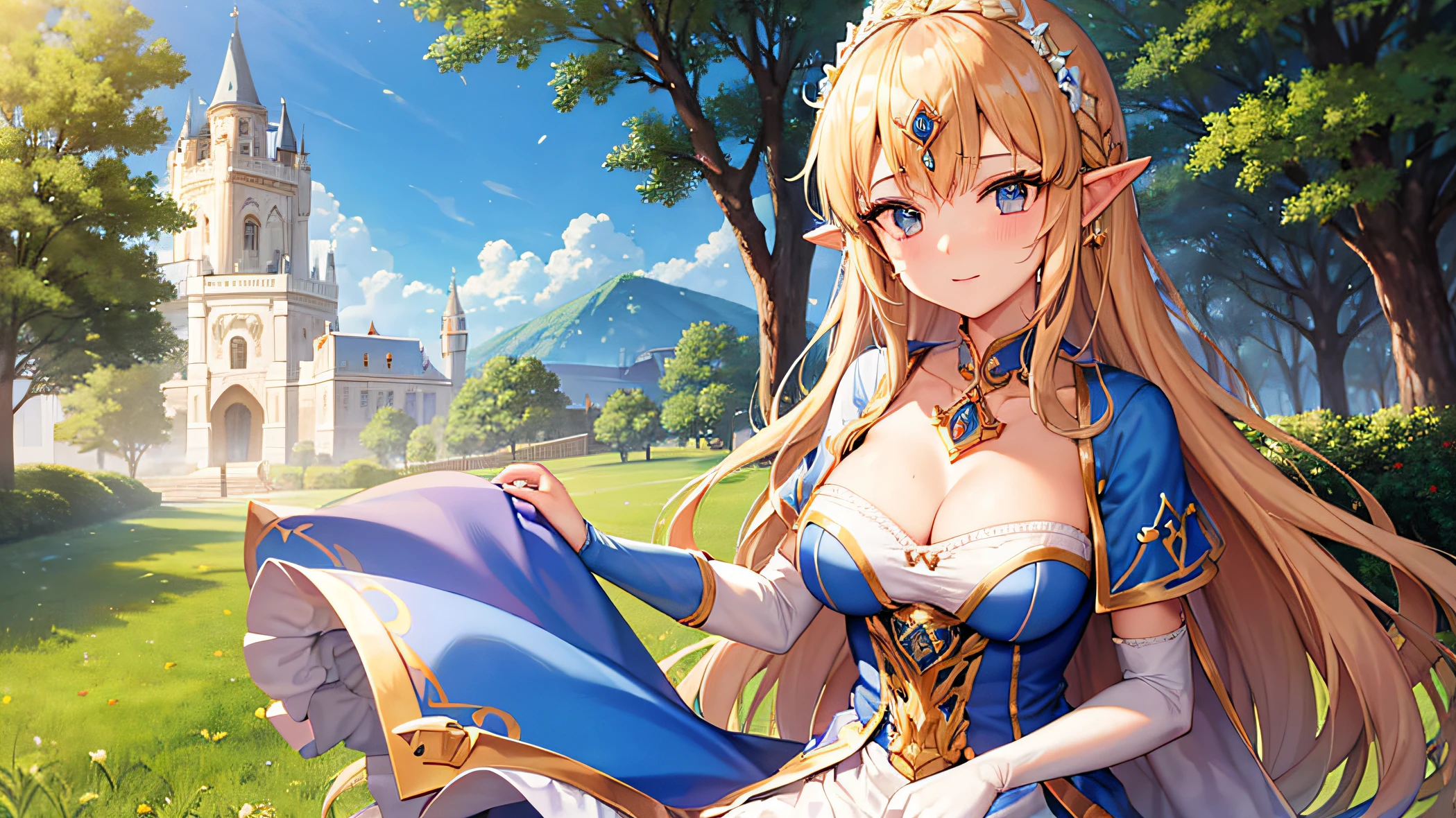 Prinzessin Zelda,best quality,Ultra-detailliert,Portraits,Lebendige Farben,Scharfer Fokus,(Hirngespinst,Mythologie:0.9),(beautiful,splendid:R1.1),langes goldenes Haar,Royal crown,Heritage of the Kingdom,weise und mutig,soft smile,adorned with elegant dress,mit dem mythischen Triforce,Powerful Magic,verwunschenes Schloss im Hintergrund,(traumhaft,ethereal:0.9),Sanftes Sonnenlicht, that penetrates through trees,Flüsternde Breeze,Peaceful and magical atmosphere