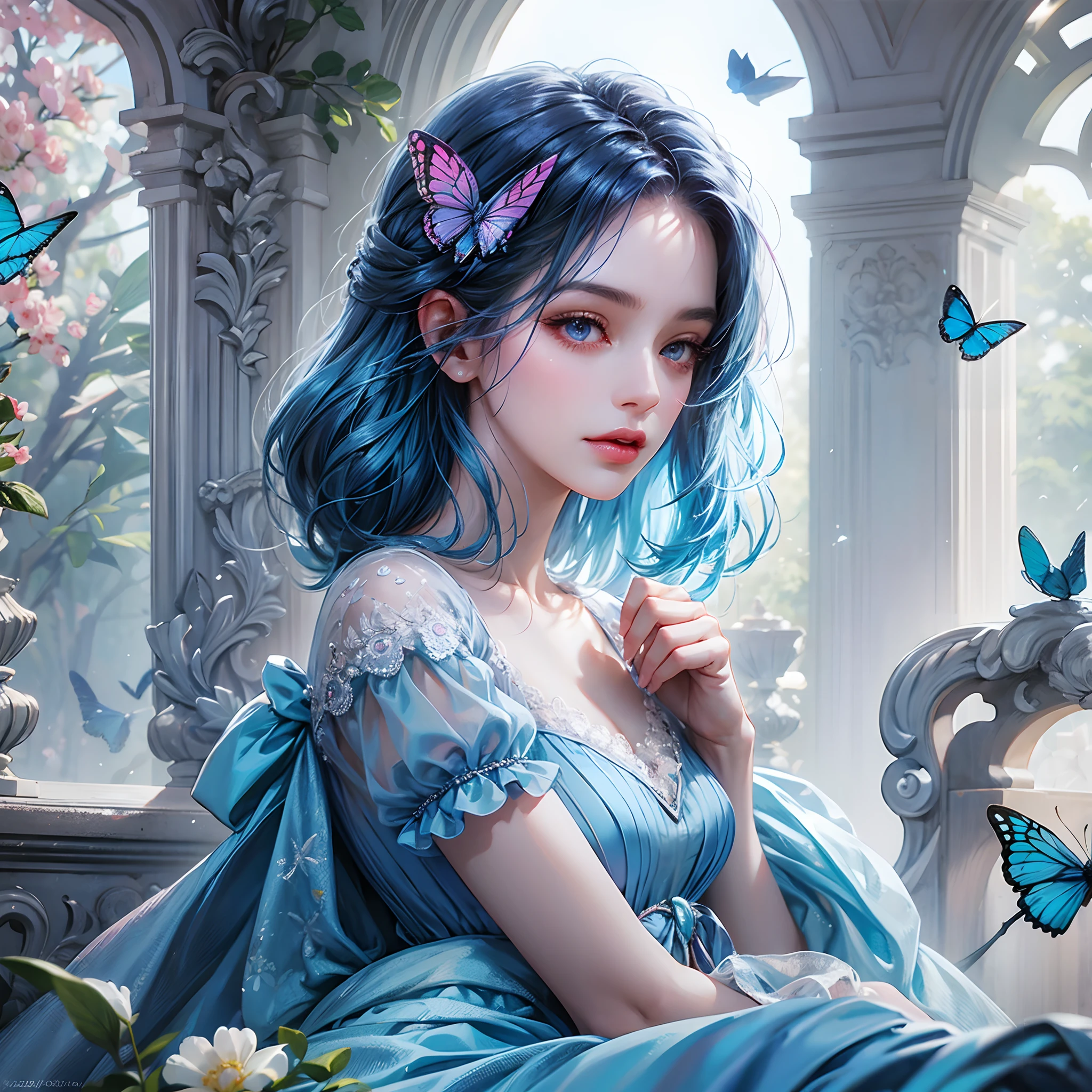a women, blue butterfly, blue hair, pink eyes, blue dress