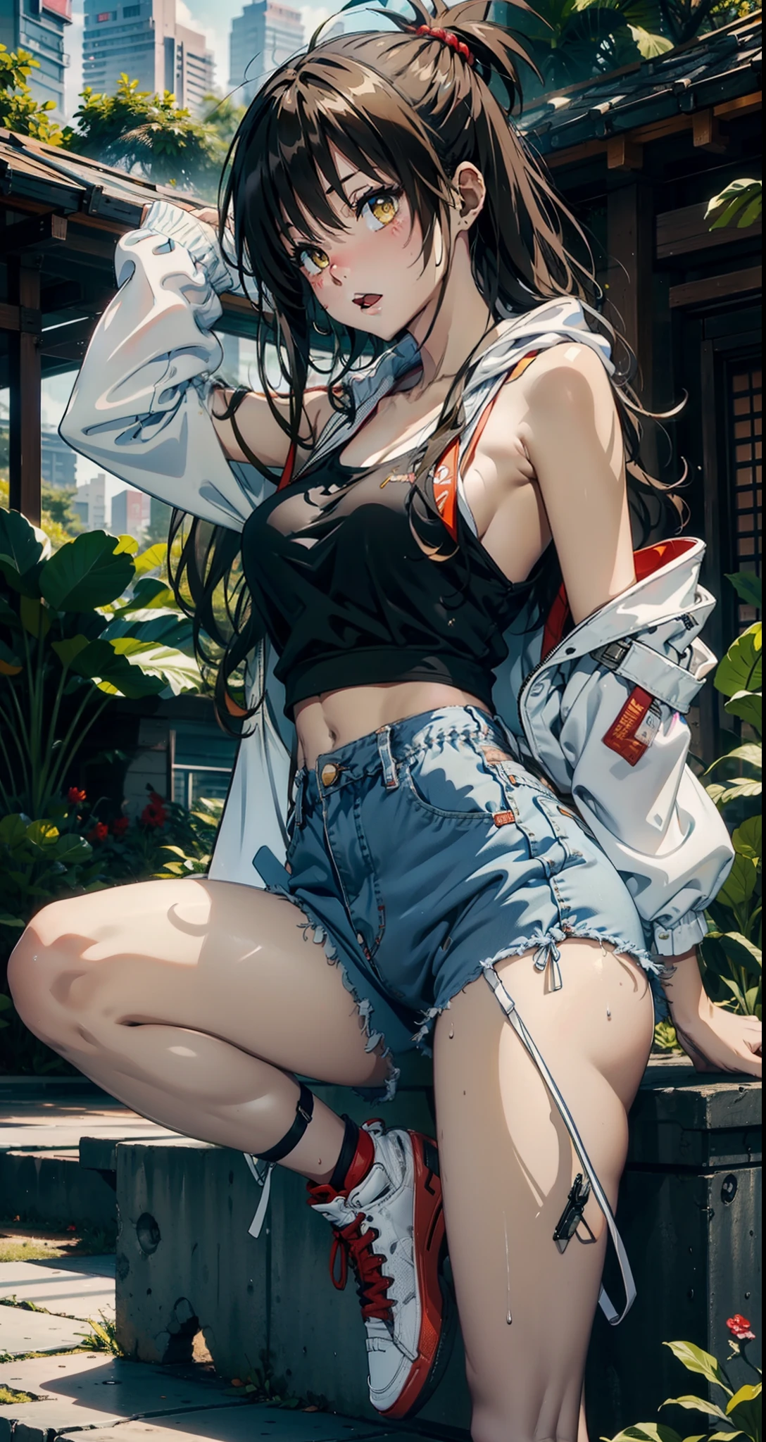 1female，15yo，Slim，熟妇，medium cleavage  Thin waist，slenderlegs，Pornographic exposure， 独奏，yuuki mikan, brown hair, yellow eyes, hair ornaments, long hair, topknot, wavy hair, small  (wearing: tank top hoodies, shorts, high-waist shorts, sneaker), looking at viewer,（Background with：ln the forest，the rainforest，in summer，standing on your feet，Sweat profusely，drenched all over the body，seen from the front， hair straight， mostly cloudy sky，（（（tmasterpiece），（Very detailed CG unity 8K wallpaper），best qualtiy，cinmatic lighting，detailed back ground，beatiful detailed eyes，Bright pupils，（Very fine and beautiful），（Beautiful and detailed eye description），ultra - detailed，tmasterpiece，）），facing at camera，（Full body photo），Show shoes，A high resolution，ultra - detailed），revealing ， Bulge，legs are open，Raised sexy，Flushed complexion，Open-mouthed，frontage，full body