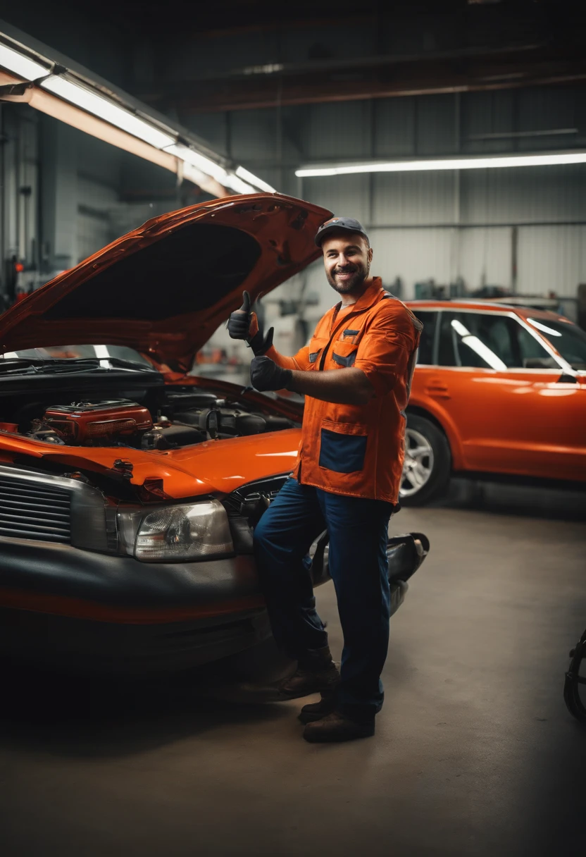 Mechanic in a car workshop giving thumbs-up