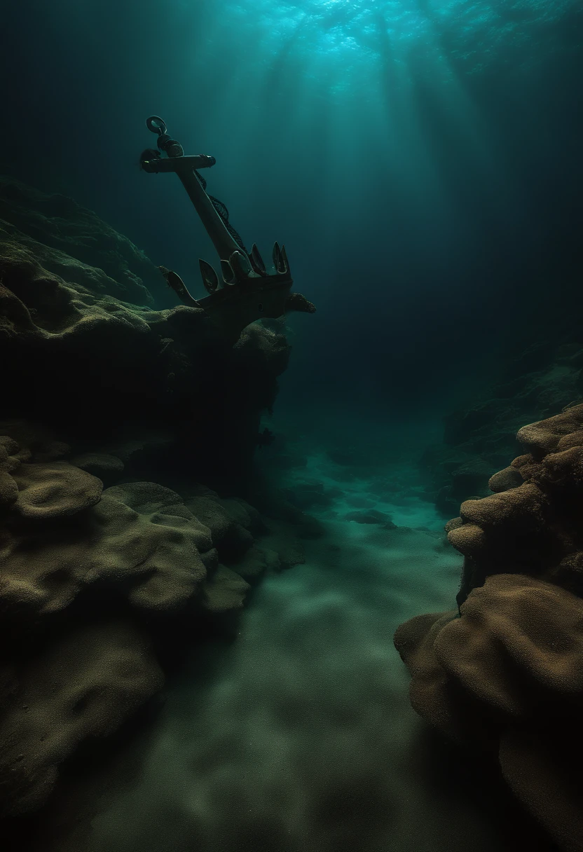 (((Shows an anchor stuck at the bottom of the deep sea floor))) Sunlight filtered through the surface of the ocean, Light up hidden worlds, Create captivating underwater scenes. Vertical panorama, hyper wide view. hyper HD, Masterpiece, an award winning photograph, Expansive landscape photograph , (The sky overlooking from below and the open ocean below),
