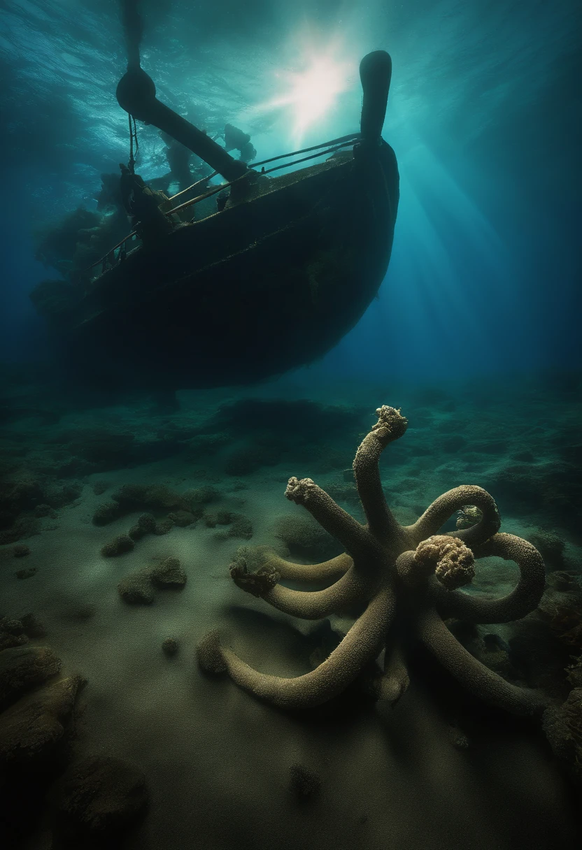 (((Shows an anchor stuck at the bottom of the deep sea floor))) Sunlight filtered through the surface of the ocean, Light up hidden worlds, Create captivating underwater scenes. Vertical panorama, hyper wide view. hyper HD, Masterpiece, an award winning photograph, Expansive landscape photograph , (The sky overlooking from below and the open ocean below),