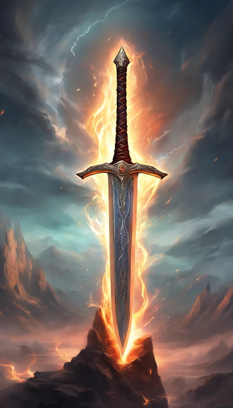 a big legendary sword with lightning coming out of it fiery details