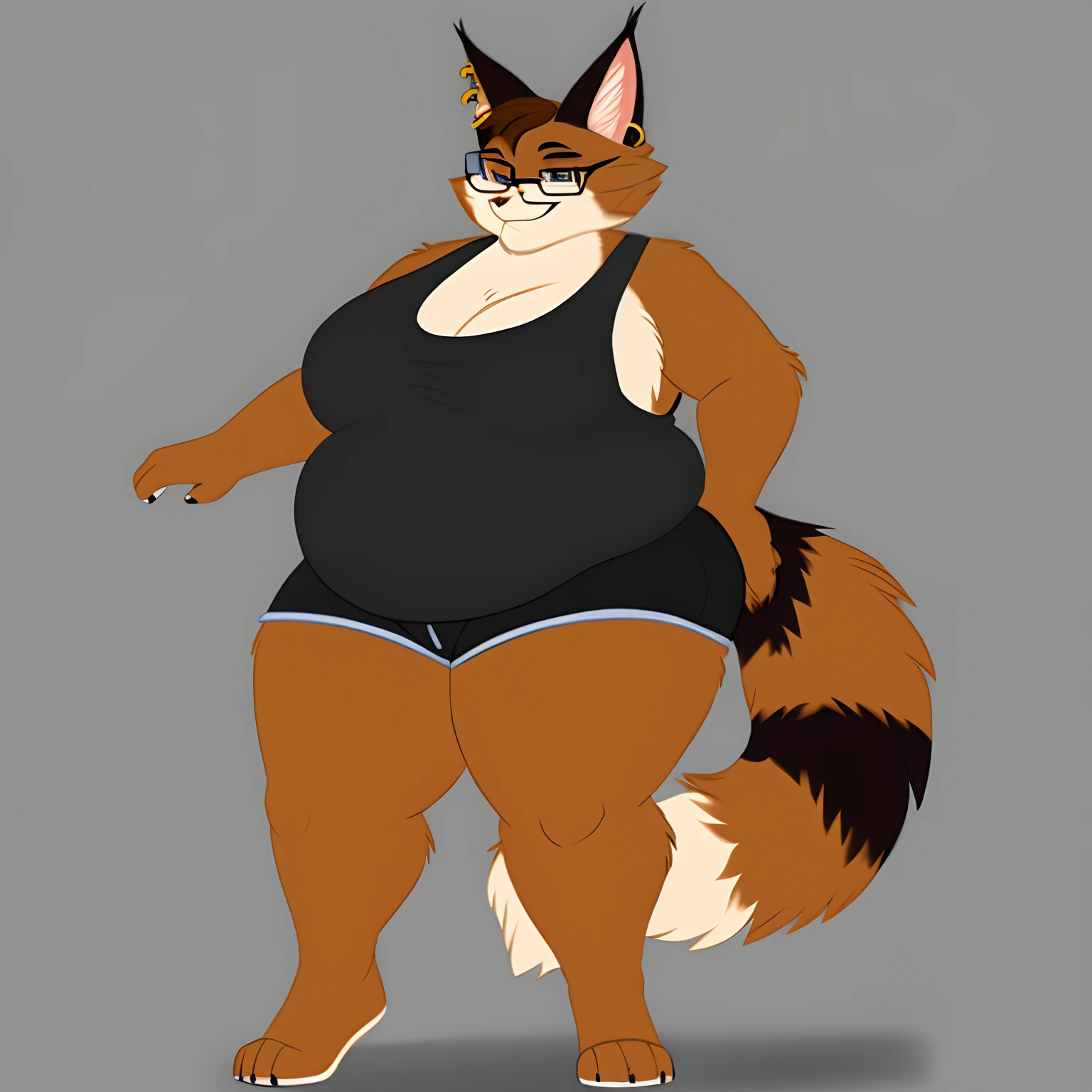 An anthro Maine Coon cat that stands at 7’2” and weighs 430lbs. It wears black elastic shorts and a black tank top. It’s fur is light grey. It is also extremely fluffy. It’s tail is giant and fluffy as well as it’s neck fur. It’s eyes are a golden color and it wears glasses. It has piercings in it’s left ear.