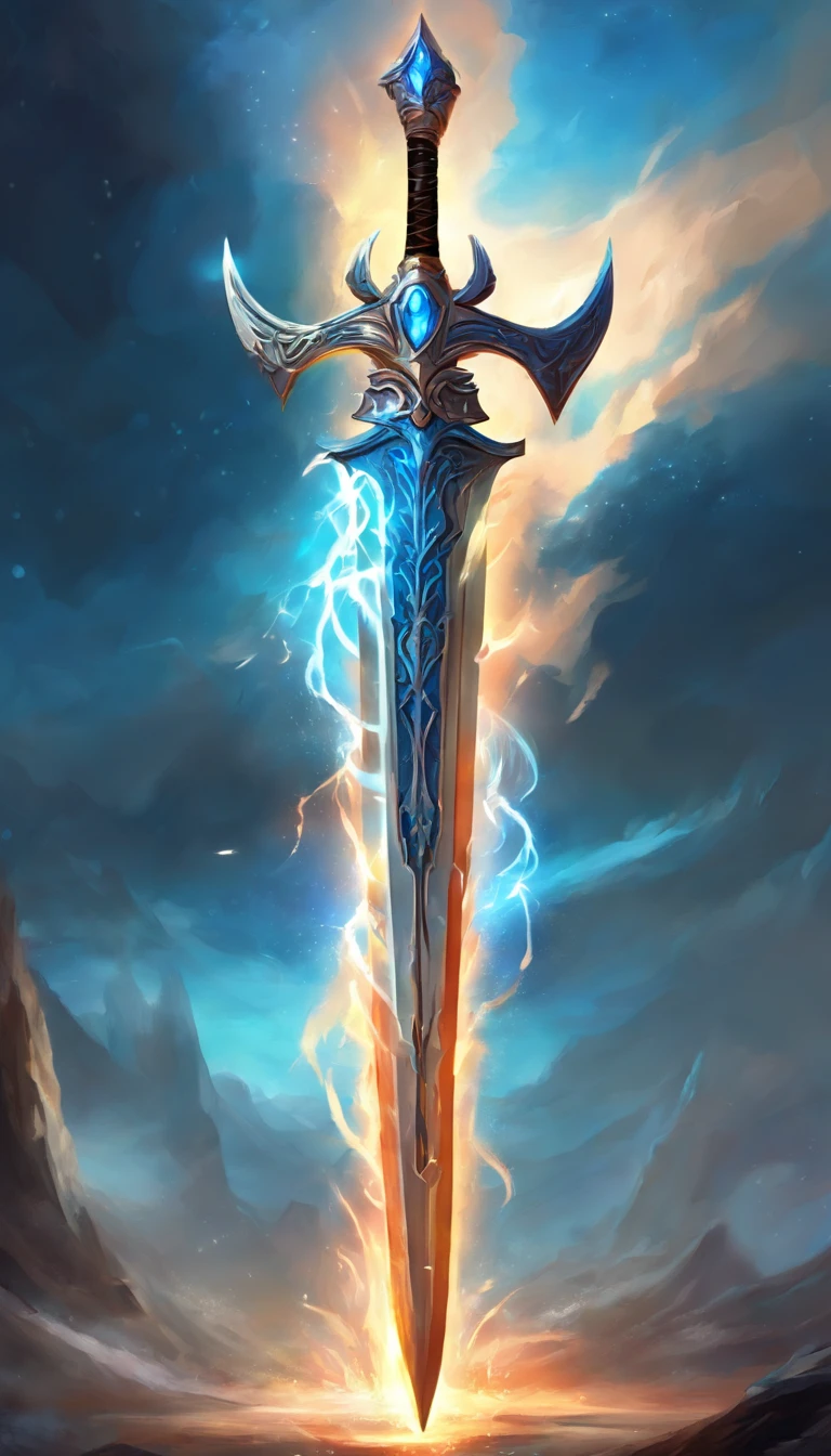 a big legendary sword with blue lightning coming out of it fiery details