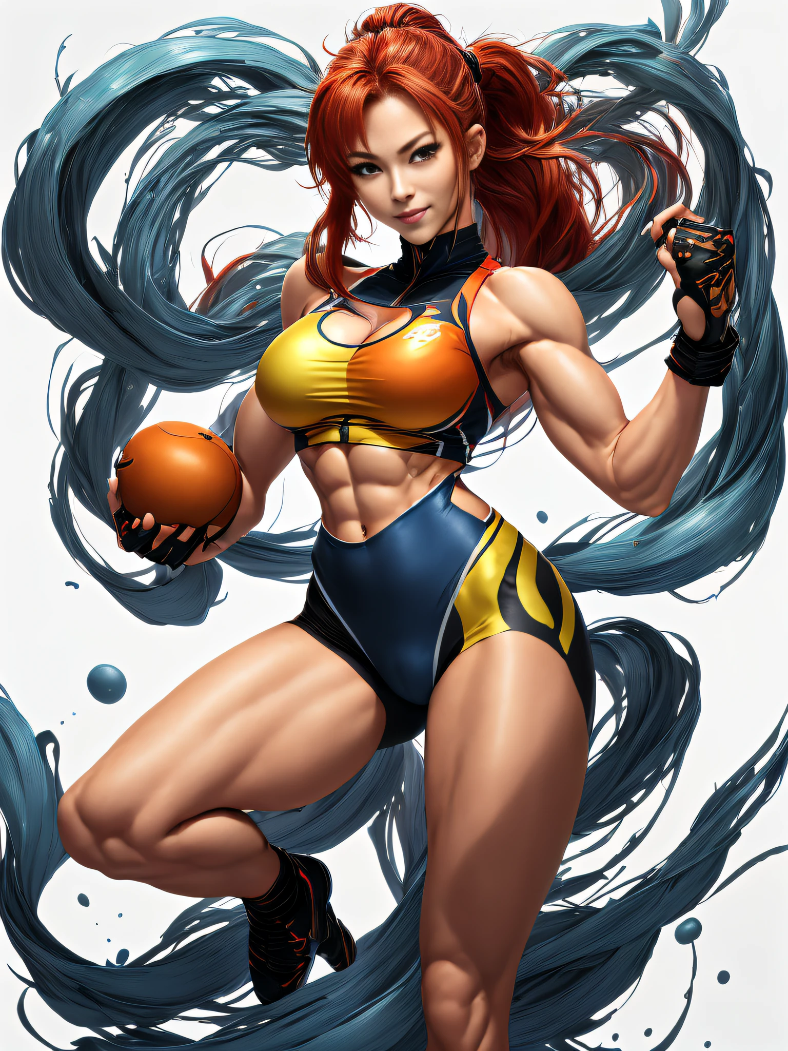 resplendent smile、1 Female Fitness Model、Huge chest on the verge of bursting、thin and long legs、abdominals、musculature、Metallic Orange Training Wear、Half Japan and half American.、25-years old、Height 175cm、Good at sports、blue eyes、Red hair、Pony tail、glistning skin、blue eyes、Pose ready to fight、full-body view