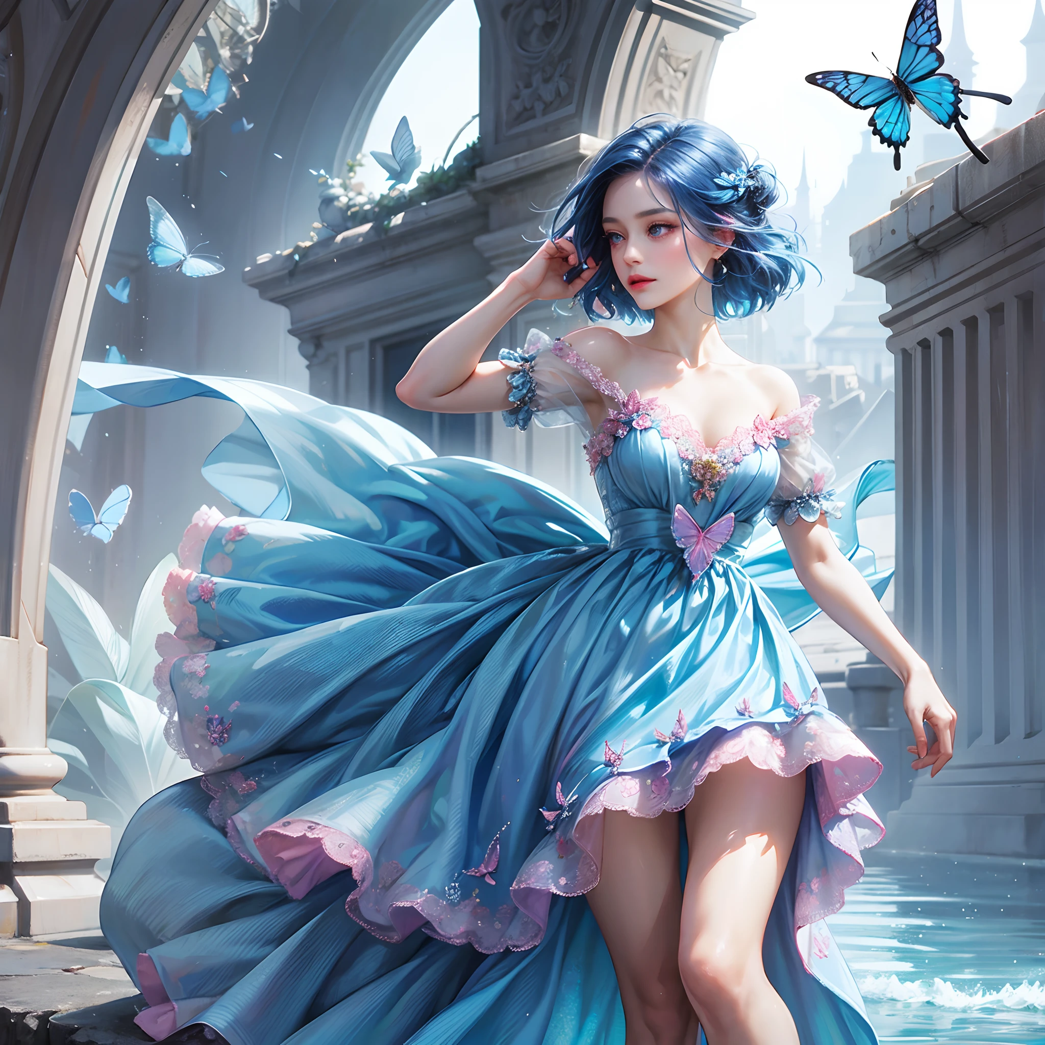 a women, blue butterfly, blue hair, pink eyes, blue dress