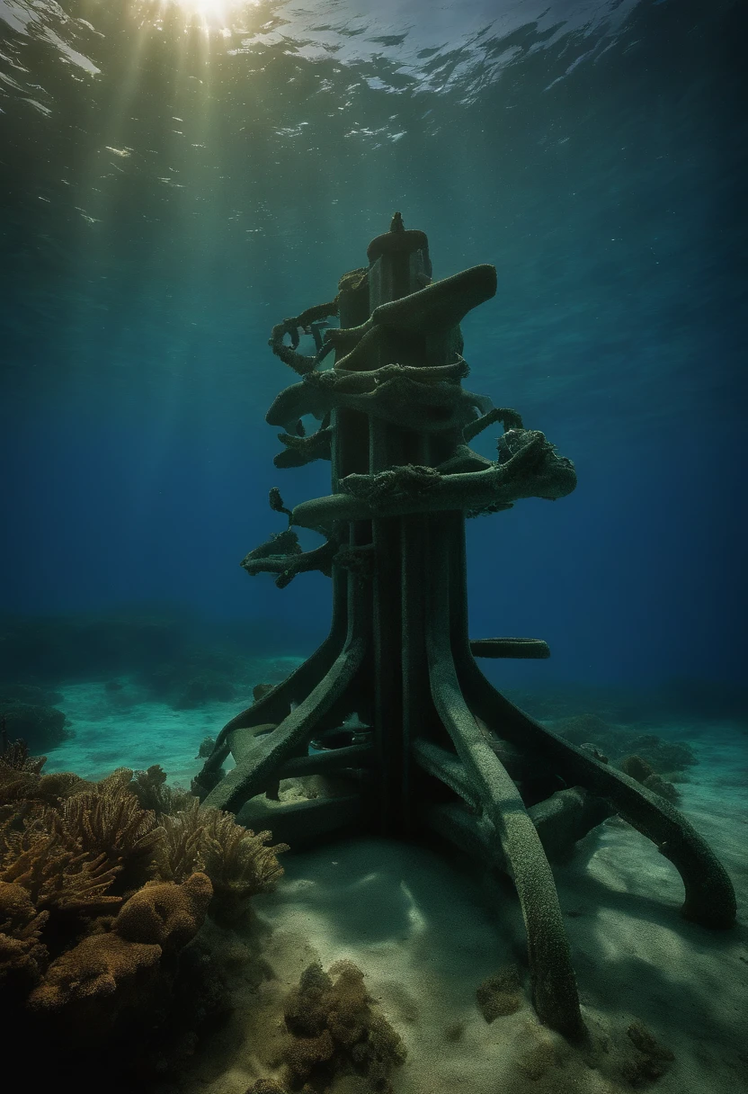 (((Shows an anchor stuck at the bottom of the deep seabed))) Sunlight filtered through the surface of the ocean, Light up hidden worlds, Create captivating underwater scenes. Vertical panorama, hyper wide view. hyper HD, Masterpiece, an award winning photograph, Expansive landscape photograph , (Overlooking the sky from below，Open ocean below),Mutate marine life，Nuclear radiation Nuclear wastewater Anti-poison Detoxification Zombie ruins Nuclear sewage Discharge into the sea Marine pollution Marine animal mutation，