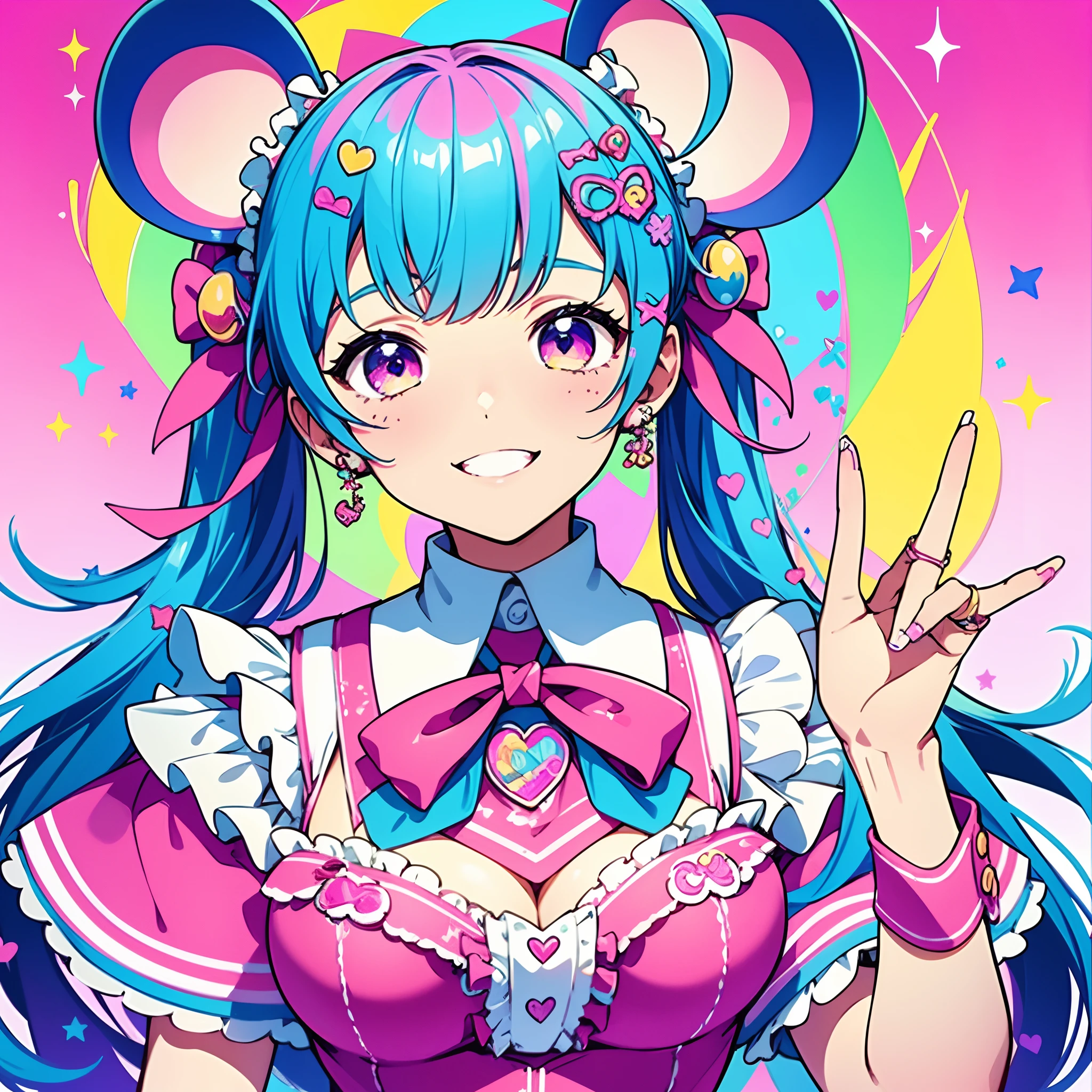 1girl, decora, mouse ears, maid outfit, neon colors, rainbow hair with ribbons, detailed 8k background of a playground with rainbow colors and crayola, smiling, teeth showing, cute background, place