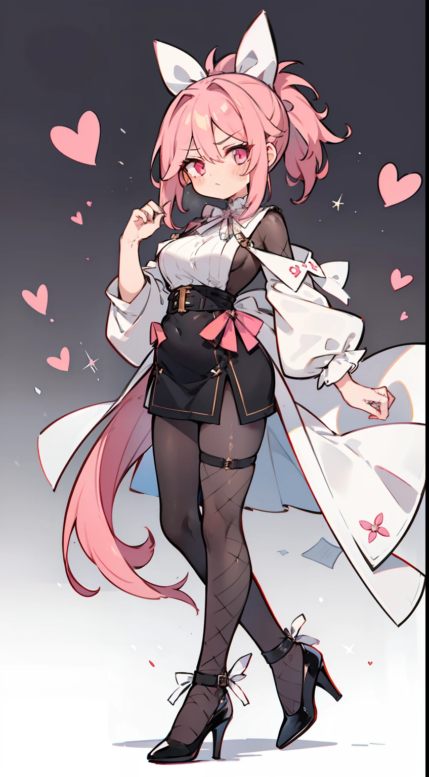 1girl in, fullllbody, Character Design, ((Loose pink ponytail with white ribbon)), ((Eyes are red)),  (Zito eyes without highlights), ((Cold straight face)), (Mole under the right eye), Long bangs, Eyes are hearts, Brainwashed, large full breasts, High quality, 痴女, Magic Makeover, Black Rubber Slit Suit, fishnet tights, garterbelts, Black High Heels, Wide Shot, Detailed background of the prison