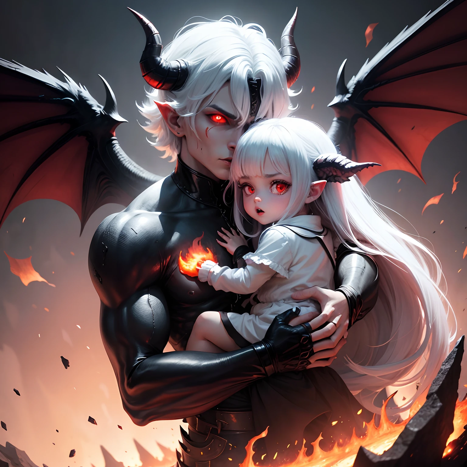 A white demon male , A black demon female cute face shaped demon wings, Height difference, background in hell lava, Two eyes, Dynamic perspective, High definition, 8K,