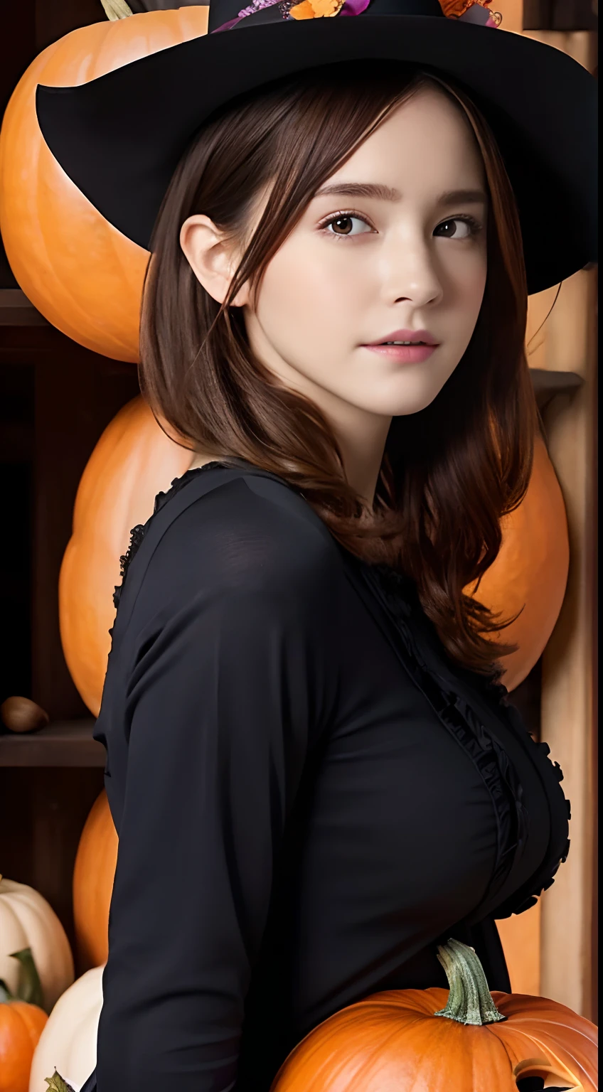 (A hyper-realistic), (hight resolution), (8K), (ighly detailed), (beatiful detailed eyes), (top-quality), (ultra-detailliert), (masterpiece), (A detailed face), softfocus、face of emma watson、Colossal tits、japanes、Halloween Witch Costume、Halloween、pumpkins