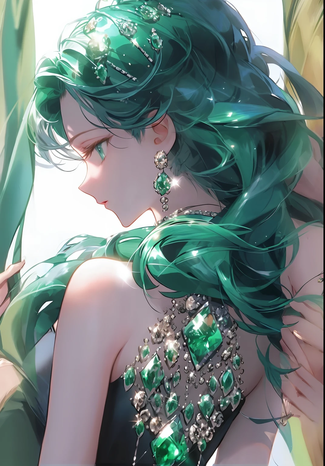 Anime girl with green hair and green jewelry on her hair, Anime girl with teal hair, Portrait Chevaliers du Zodiaque Fille, Detailed digital anime art, Beautiful anime woman, emeralds, anime girl with cosmic hair, green flowing hair, detailed anime character art, Beautiful anime girl, a beautiful anime portrait, beautiful fantasy anime, Beautiful anime, beautiful and seductive anime woman, Beautiful anime art