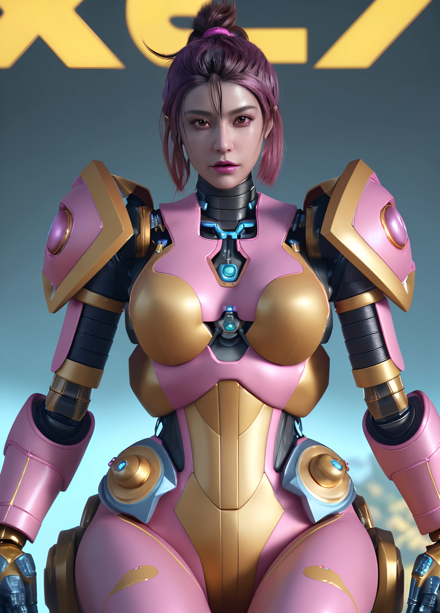 Close-up of robot in pink and gold costume, colorful vivid octane render, cybernetic and highly detailed, loba andrade from apex legends, created in unreal engine 5, made in unreal engine 5, trending on unreal engine 5, anfas portrait of a mech warrior, fantasy style 8 k octane render, rendered in unreal 5, rendered in high octane