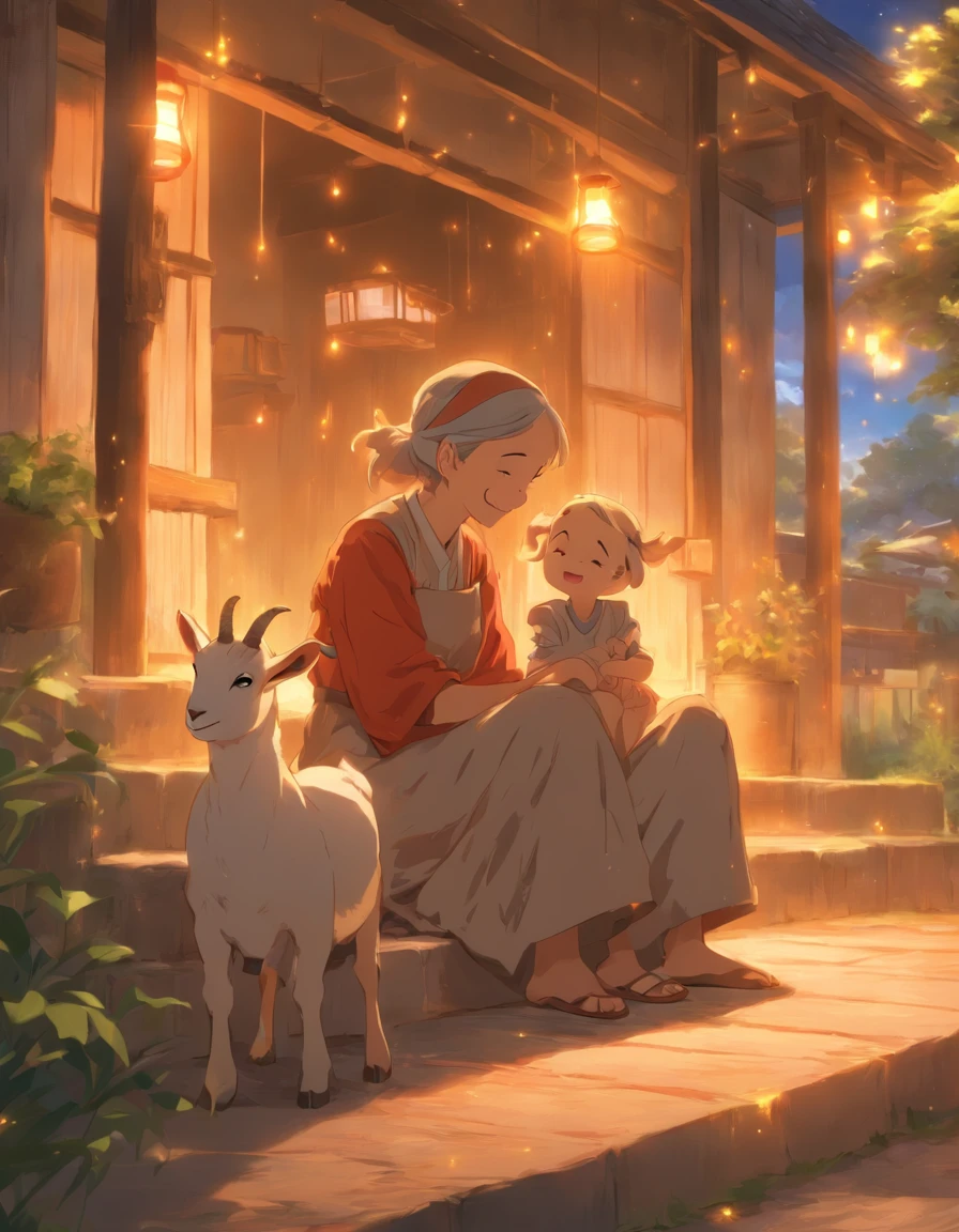 The little orphan girl sitting on the porch, watching her grandad  fresh goat's milk. Her face lights up with joy as she helps him in her own way.