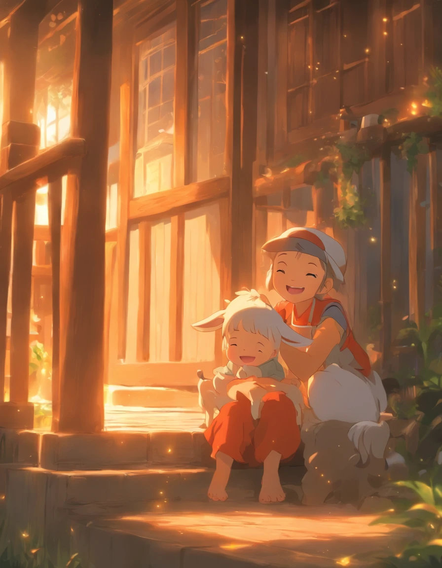 The little orphan girl sitting on the porch, watching her grandad  fresh goat's milk. Her face lights up with joy as she helps him in her own way.