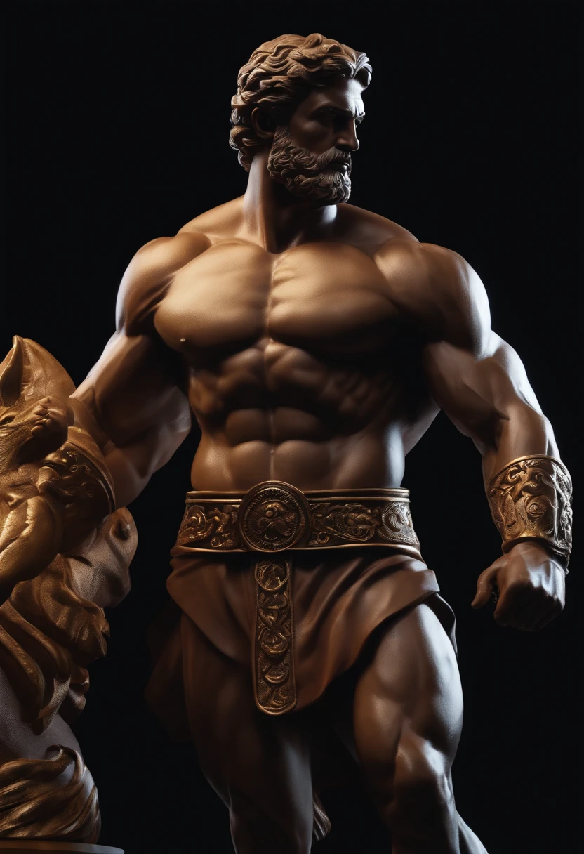 Stoic Zeno style statue of Citio Hercules with cinematic 4k muscles and dark background.