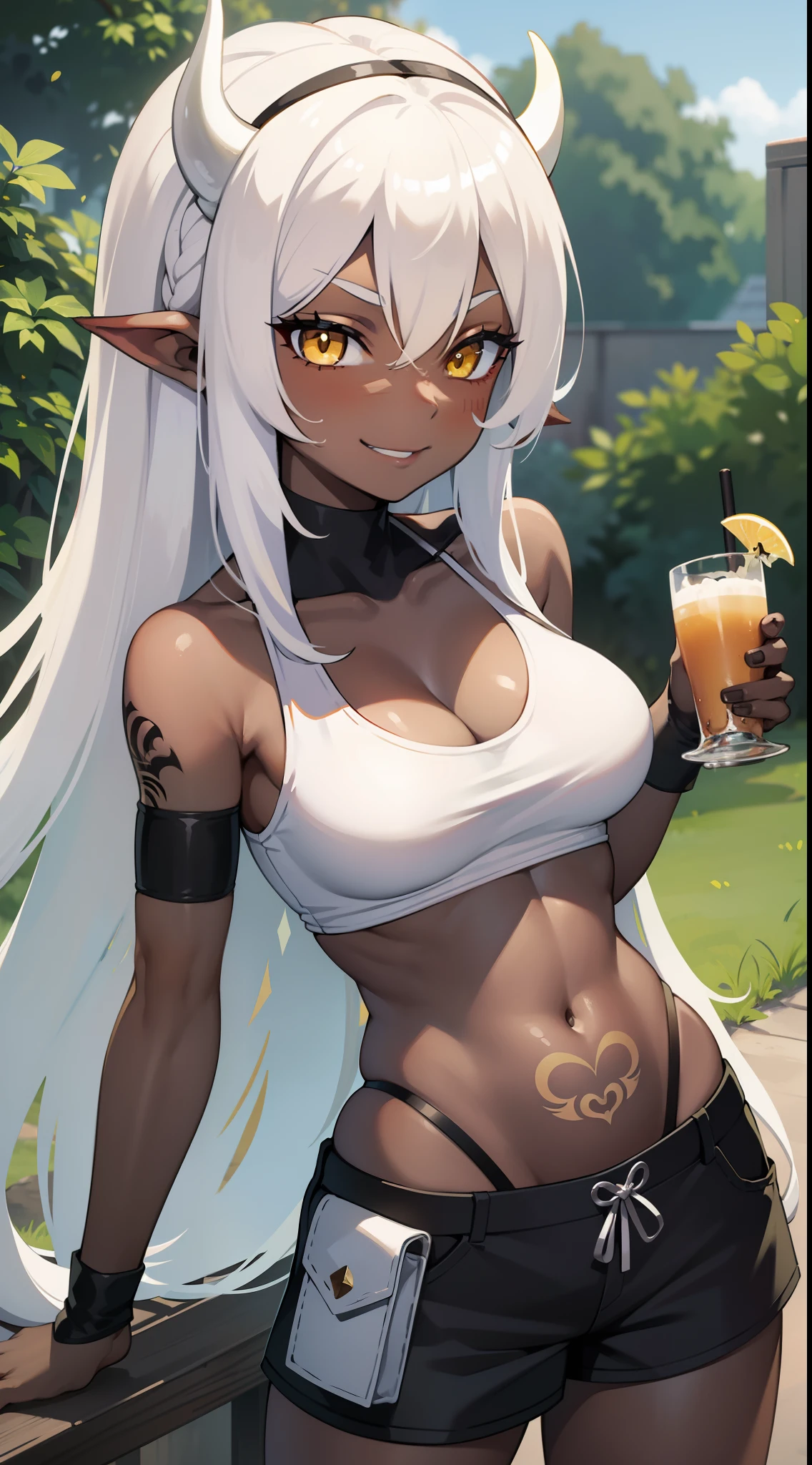 young girl, long white hair, dragon horns, yellow eyes, black skin, ebony skin, white tanktop, open belly, shorts, tattoo, smirk, milk cocktail, park background, Masterpiece, hiquality, 4k, HD, Good detail