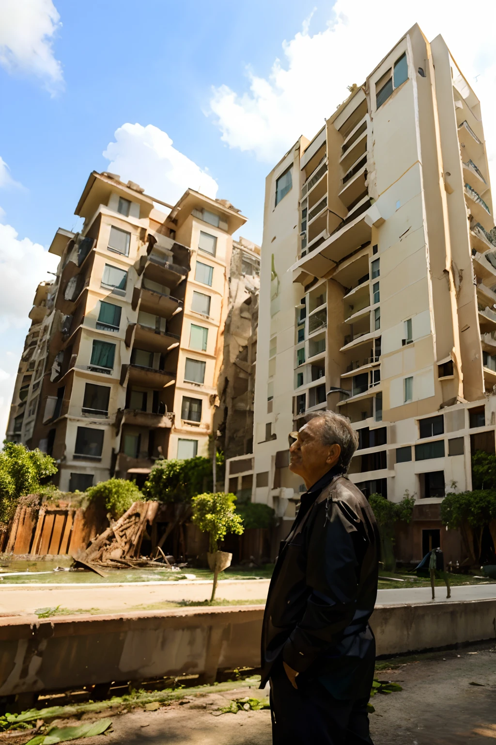 Old man observes luxury condominium taken over by destruction and nature. The buildings are aged and partially destroyed, Nature and the surrounding mangrove swamp begin to take over