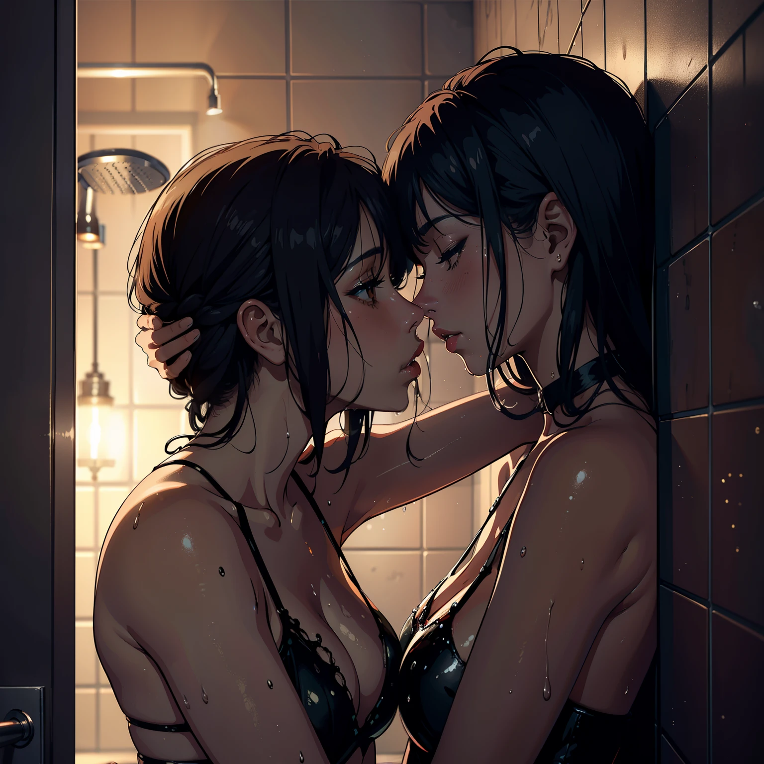 Two amazing looking women, kissing each other passionately, lips touching, hugging tight, making out, lesbians, inside a small bathroom, underneath a shower, wet, soaked, lustful, passionate, dripping wet