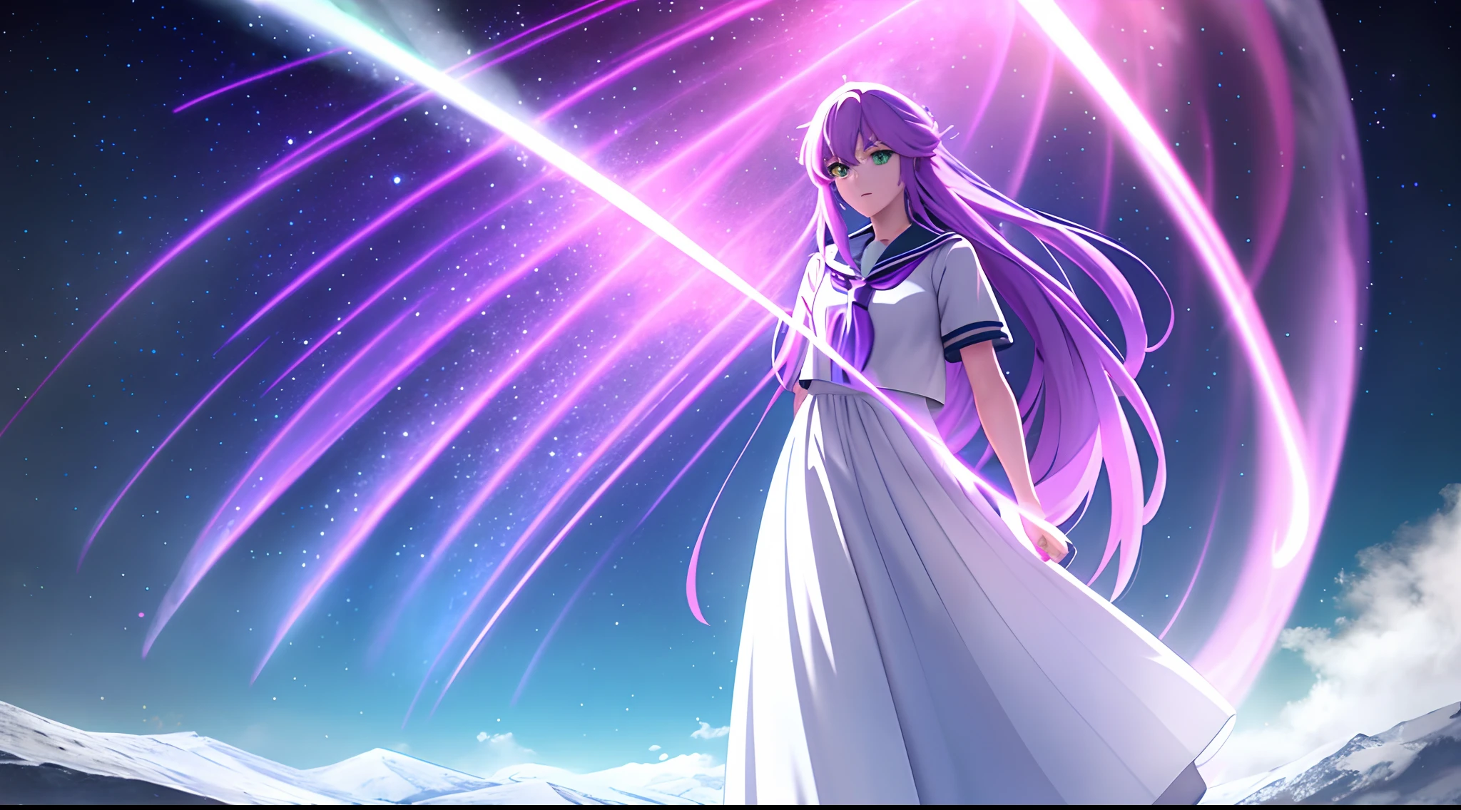 Athena with plain long light purple hair,hair between eyes,green eyes,rosy cheeks,full lips,thin eyebrows,slender body,wearing sailor uniform and full long skirt,cute anime girl,full body,desert night sky nebulae in background,anime style,Lumen Reflections,Screen Space Reflections,Diffraction Grading,Chromatic Aberration,GB Displacement,Scan Lines,Ray Traced,Anti-Aliasing,FXAA,TXAA,RTX,SSAO,Shaders,OpenGL-Shaders, GLSL-Shaders,Post Processing,Post-Production,cell Shading,Tone Mapping,CGI,VFX,SFX,insanely detailed and intricate, 4K,standing, solo, masterpiece, best quality, detailed face, detailed eyes, highres, standing, solo,masterpiece, best quality