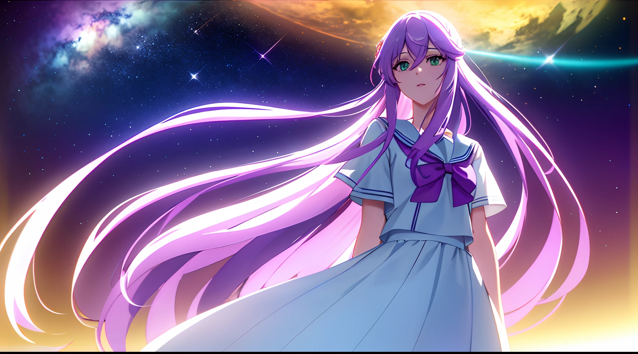 Athena with plain long light purple hair,hair between eyes,green eyes,rosy cheeks,full lips,thin eyebrows,slender body,wearing sailor uniform and full long skirt,cute anime girl,full body,desert night sky nebulae in background,anime style,Lumen Reflections,Screen Space Reflections,Diffraction Grading,Chromatic Aberration,GB Displacement,Scan Lines,Ray Traced,Anti-Aliasing,FXAA,TXAA,RTX,SSAO,Shaders,OpenGL-Shaders, GLSL-Shaders,Post Processing,Post-Production,cell Shading,Tone Mapping,CGI,VFX,SFX,insanely detailed and intricate, 4K,standing, solo, masterpiece, best quality, detailed face, detailed eyes, highres, standing, solo,masterpiece, best quality