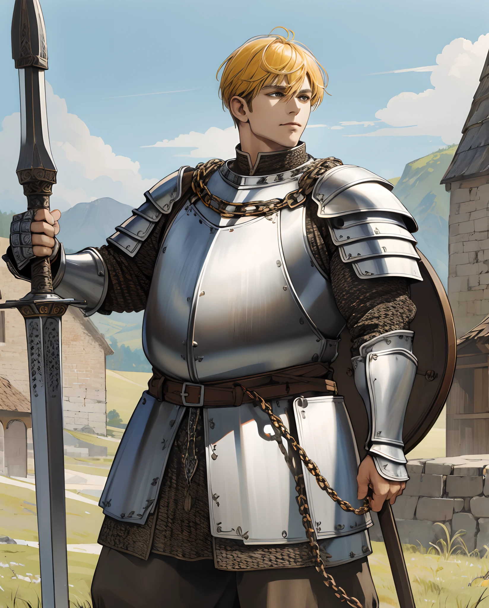 (absurd, highres, ultra detailed), 1man, mature man, intricate details, enlarged textures, intricate details, finely detailed eyes and detailed face, intricate details, honey yellow hair, (closed mouth), perfect eyes, matching eyes, bob cut, brown eyes, medieval Fantasy style clothing, fantasy style, armor, chain armor, medieval chain armor, weapon, chain mail, mace, weapon mace, holding a mace, chubby, strong, medieval town, daylight, tanned skin, man, iron chain armor, flabby, fat, stomach,chainmail, shield, full body, fat, light blue armor, slightly fat