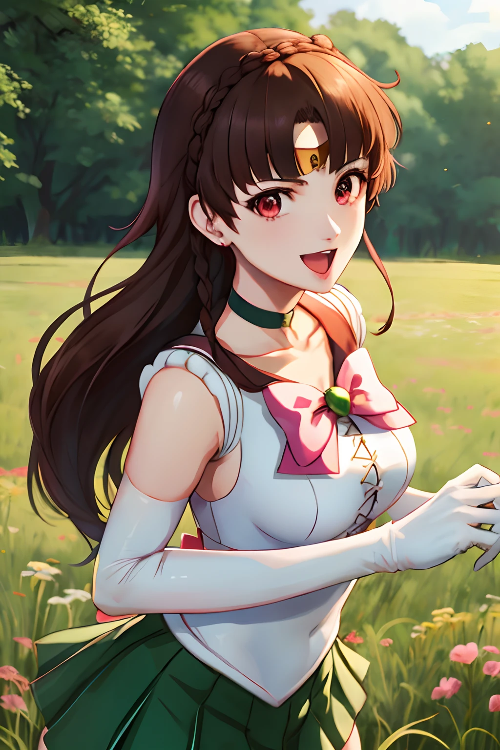 makoto nijima, blunt bangs, braid, brown hair, crown braid, red eyes, tiara, jewelry, sailor senshi uniform, green sailor collar, choker, elbow gloves, white gloves, pink bow, brooch, leotard, green skirt, cowboy shot, standing, field, smile, open mouth,