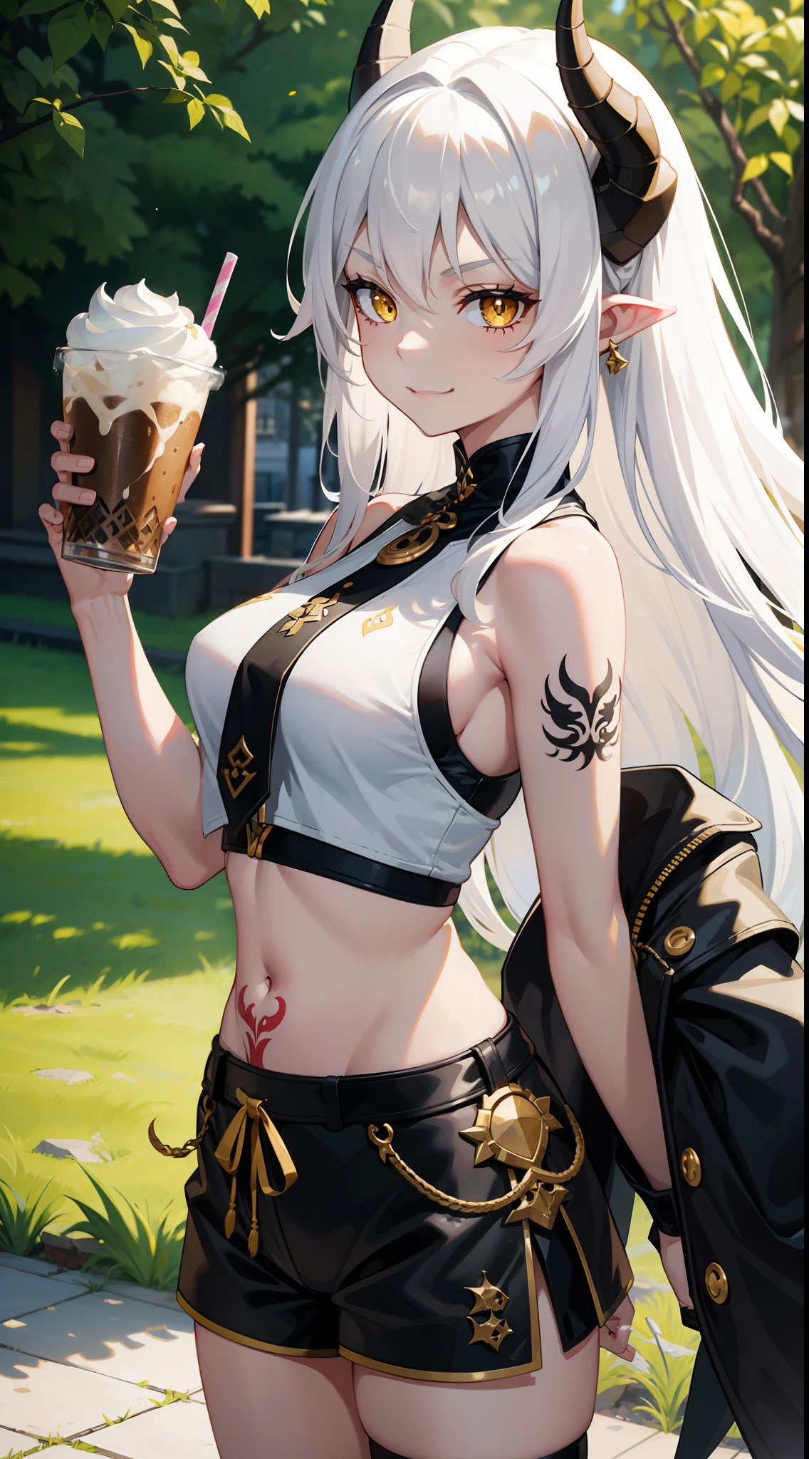 young girl, Long white hair, dragon horns, Yellow eyes, black skin, Ebony leather, white tanktop, open belly, Shorts, tattoo, smirk, milkshake, park background, Masterpiece, hiquality, 4k, HD, Good detail