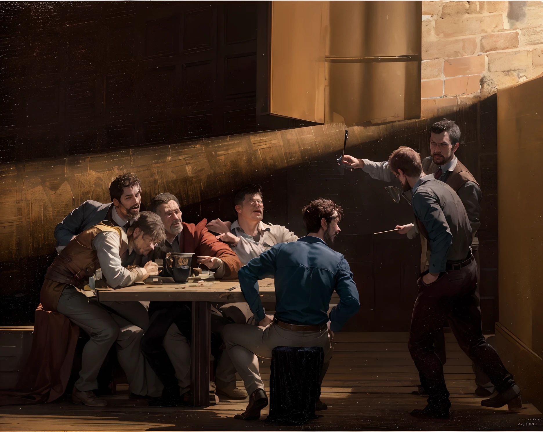 oil painted，Brush stroke，plethora of colors，SENSE OF CINEMA，dramatics，Classical oil painting，Caravaggio，Rembrandt，holy rays，Dingdall effect，tmasterpiece，Best quality，high qulity，8K，A group of people sat at a table, group of people in a dark room, author：Egron Vandernier, dramatic lighting render, !!posing on a_As_last_supper, scene render, rendered lighting, Dimly lit scene, Realistic afternoon lighting, With cinematic lighting, 3 d render even lit, 8 k''. voluminetric lighting. Dark
