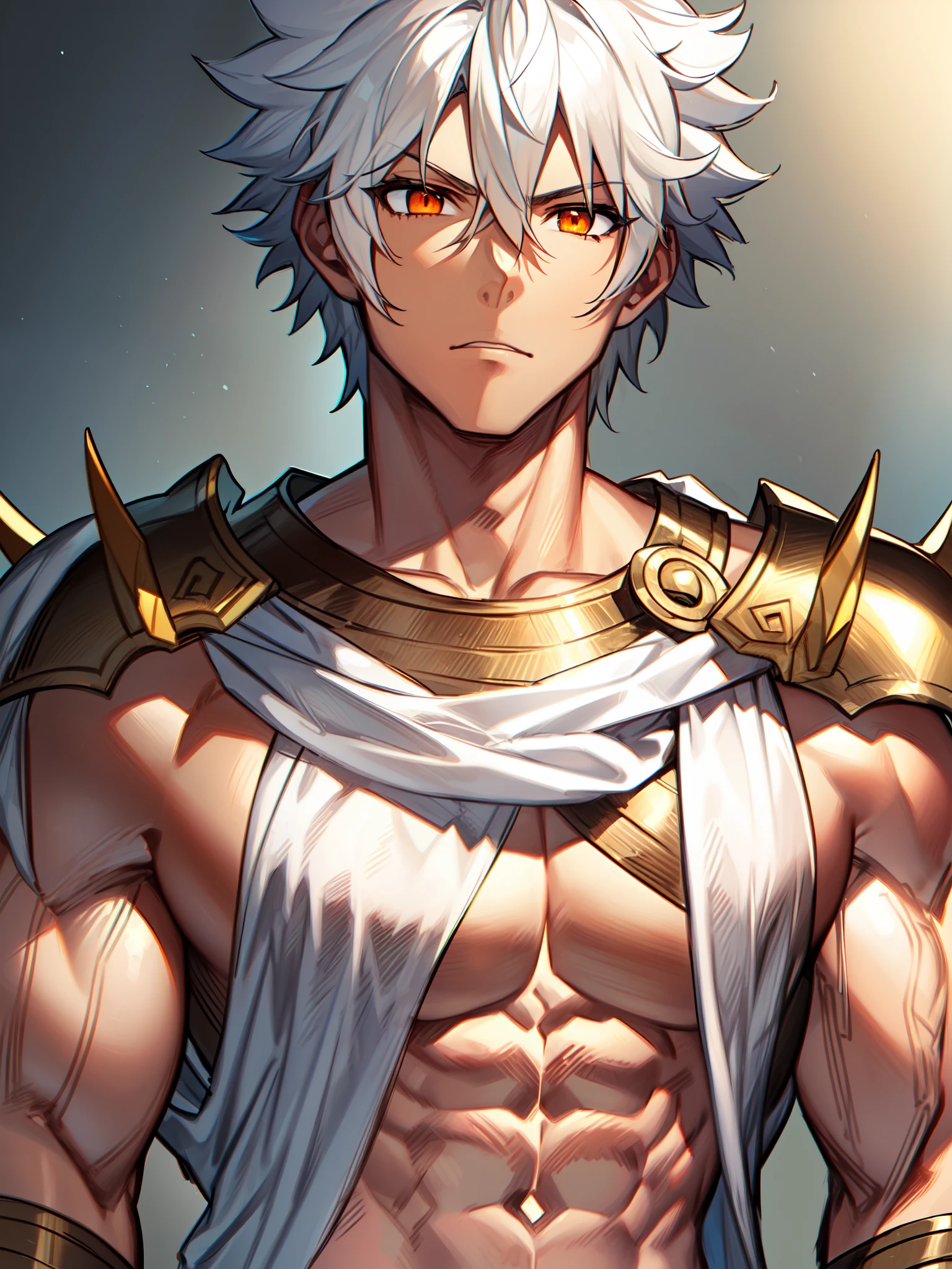 ((rough expression)), ((dark skin)), ((blacksmith armor)), ((ancient greek clothing)), ((muscular body)), ((rockhard abs)), ((mature male)), 1boy, beautifully drawn, high resolution illustration, best quality, High definition, ((detailed anime sketch)), Masterpiece, (solo), absurdres, portrait, ((upper body)), ((close-up)), ((white hair)), ((spiked hair)), detailed background, fine detail, male focus, HDR, ((short hair)), ((orange eyes)),
