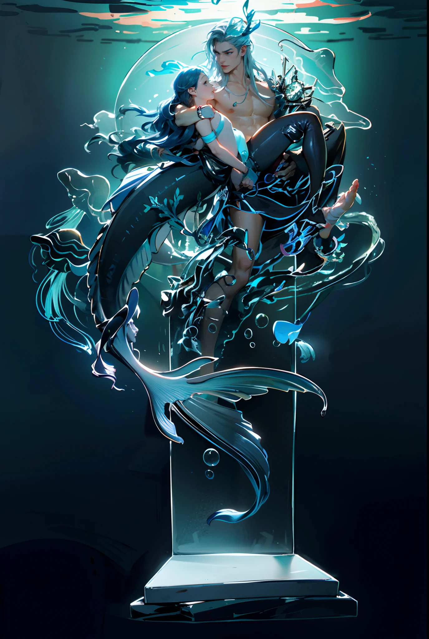 Sculpture design,Figures,GK model,male people,(The whole body of the character),Expose muscles,(sexy for),The mackerel swims out of the water with another person,There are a lot of transparent jellyfish around,elicate and refined,