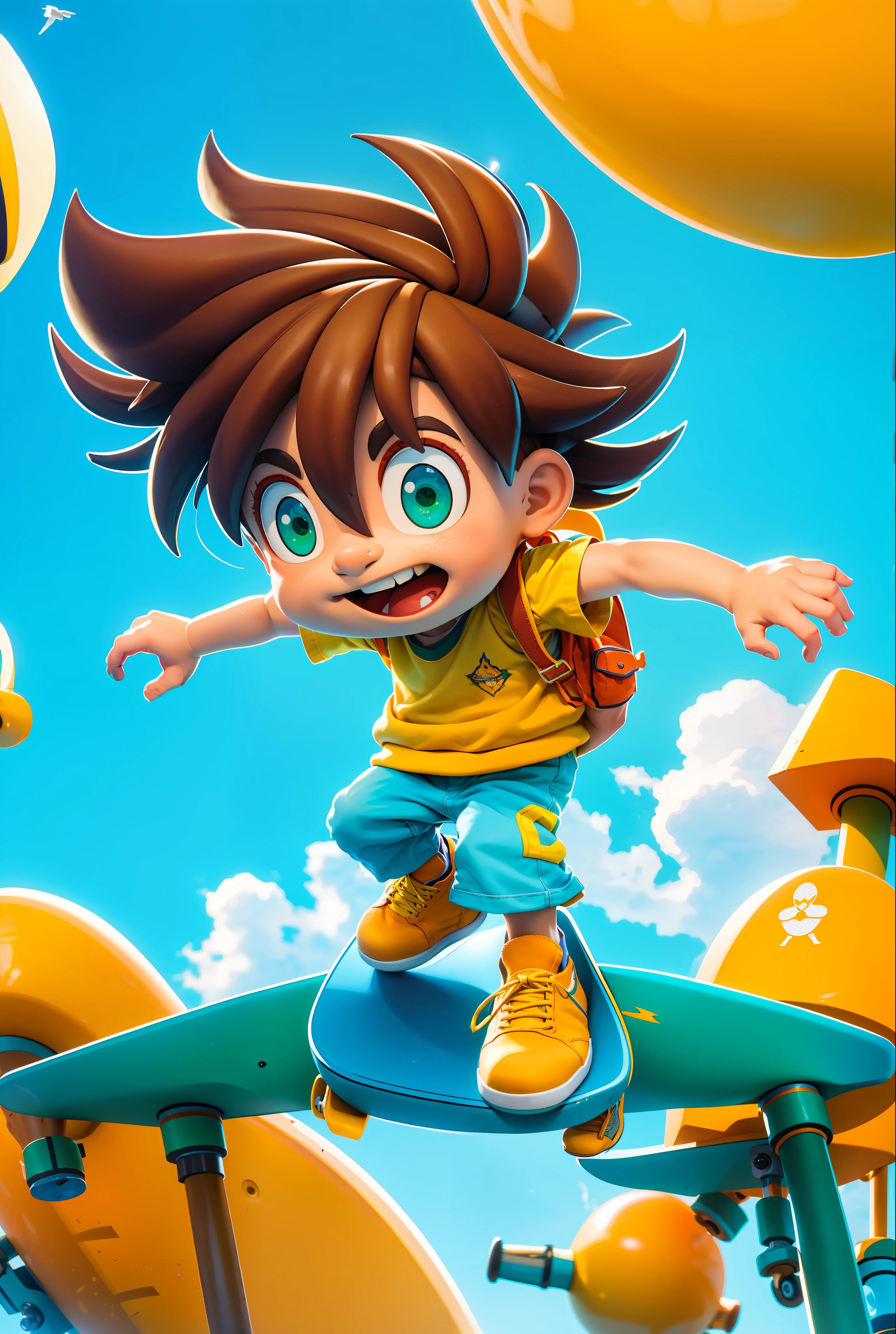 ((Masterpiece, Best Quality)), (Complex Light), A cool boy, skateboarding, laughing, brown hair flying, yellow vest, blue short sleeves, green pants, yellow socks, yellow school bag, red and white sneakers, hands open, brown hair, yellow skateboard under feet, 3d, cute, soft lighting, green ground, white background, HD, Disney style,