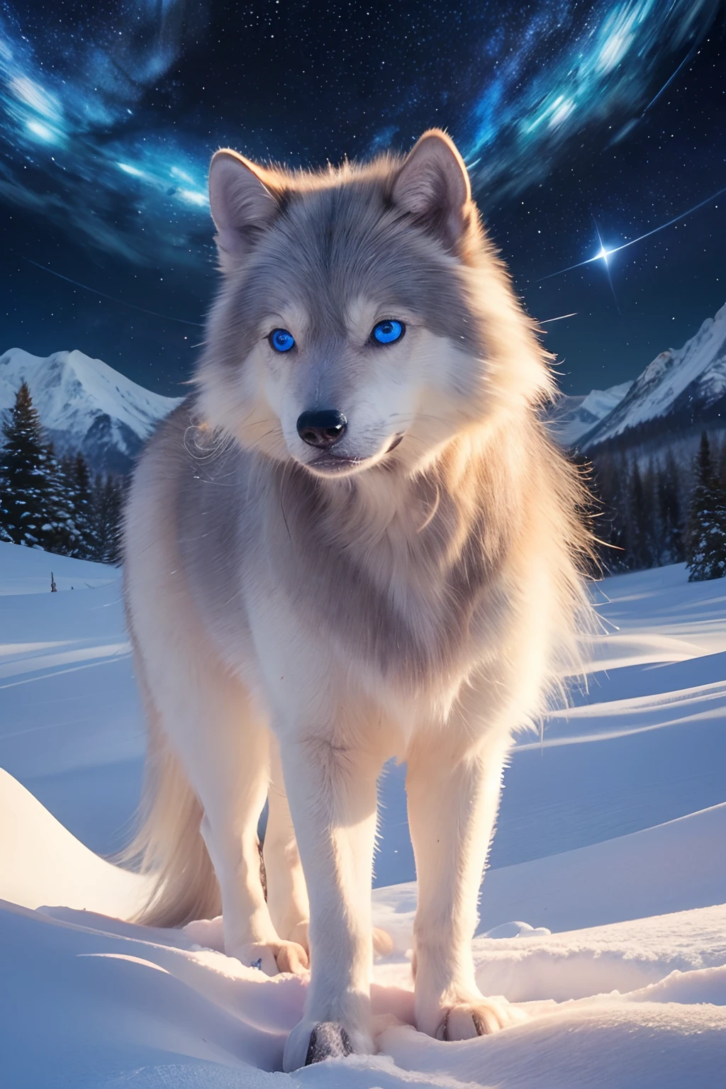 (dark night, starry sky:1.5), (snow mountains, cloud:1.3), (one silver wolf:1.2), full body, (blue eyes:1.5), finely drawn face, delicate fur, (elegant with light gray fur), tail