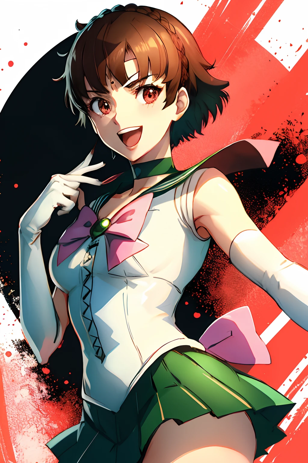 makoto nijima, blunt bangs, braid, brown hair, crown braid, red eyes, tiara, jewelry, sailor senshi uniform, green sailor collar, choker, elbow gloves, white gloves, pink bow, brooch, leotard, green skirt, cowboy shot, standing, field, smile, open mouth,