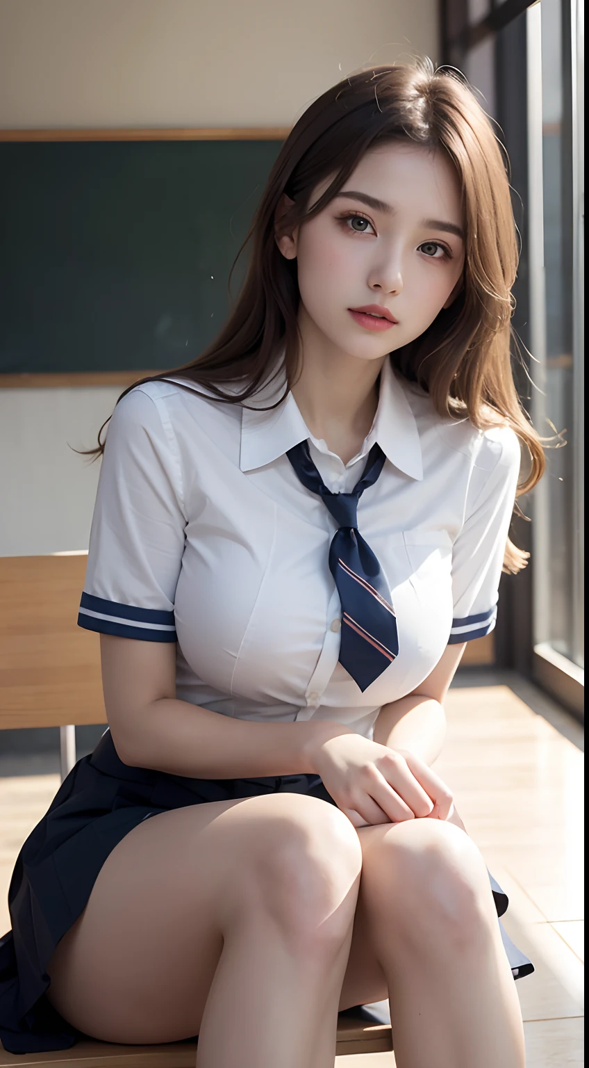 1 beautiful young girl, Extremely detailed eyes and face, Realistic, Extremely detailed CG unified 8K wallpaper, The is very detailed, High-definition RAW color photo, professional photoshooting, Realistic portrait, Cinematic light, Beautiful detailed, Blushing, Ashamed, (Beautiful breasts:1.3), (nedium breasts:1.2), (Realistic skin:1.2), (Best quality:1.4), Super detail, High quality, (Open school uniform:1.3)，（No underwear：1.5），（revealing breasts：1.8）, (Mini skirt), (:1.5), Carmelto details, Indoors, school, Sitting, legs are open, (View from below:1.2),
