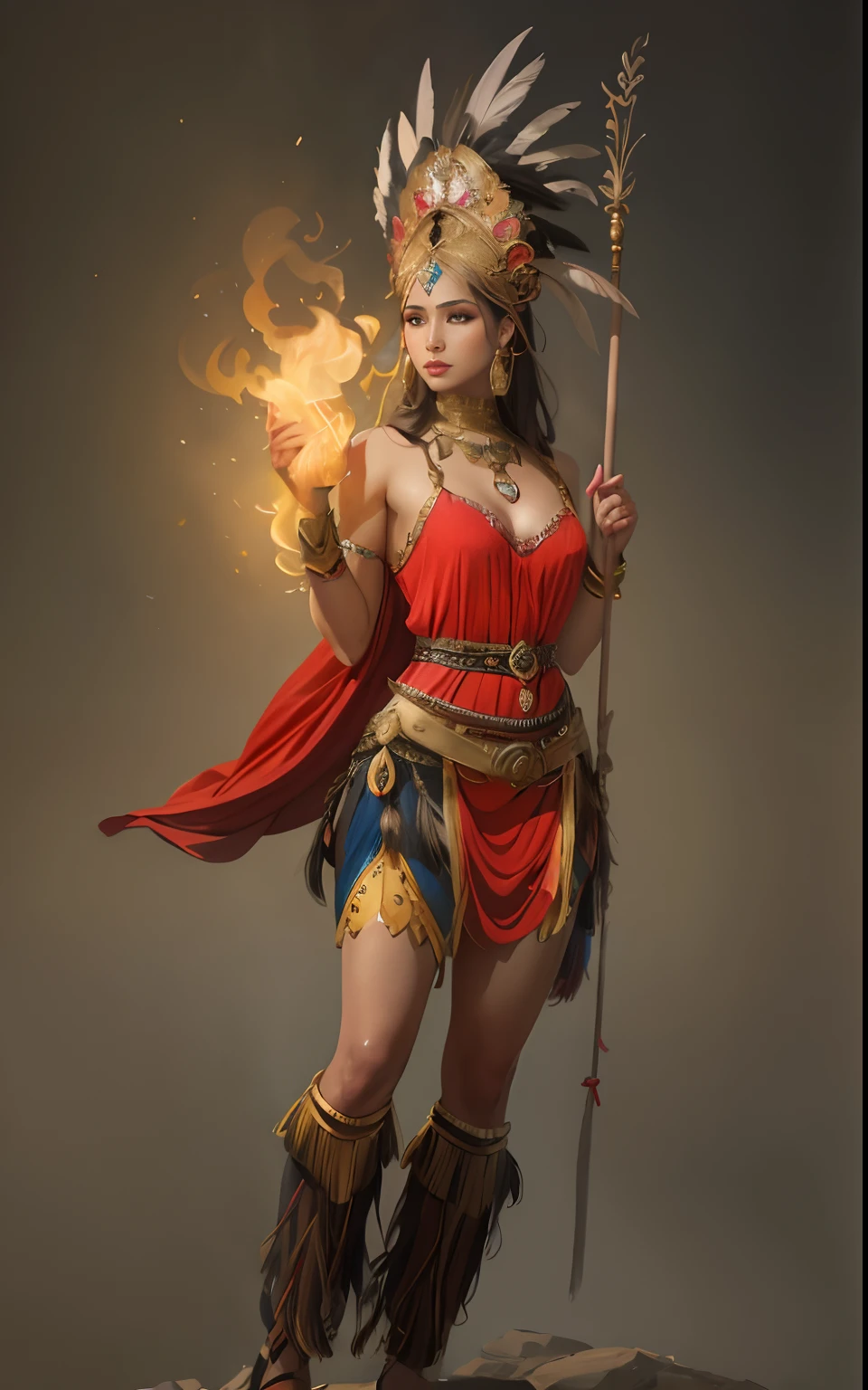 Inca Amazon woman in native dress holding a fire staff, aparece como la diosa del fuego, Mago de fuego, Diosa del Fuego, Diosa del Fuego, Diosa del fuego caliente, Arte de fant, Latin America behance, fantasy character art, Chengwei Pan en ArtStation, Poderosa hechicera regordeta, Hermosa hechicera, epic fantasy character art, La Reina del Fuego, Fantasy Woman