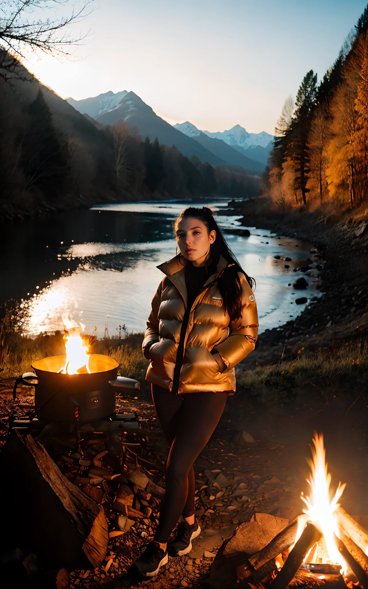 hyper-realistic photo of Angela White, 28, (wearing black cotton leggings, ocher down jacket, closed) (piercing, blue eyes) (silky, loose hair) (skin texture), mountains, nature, trees , rocks, river, current, smoke, campfire (camping inspiration) analog quality, best shadow, film grain, high contrast, raw, lut instagram