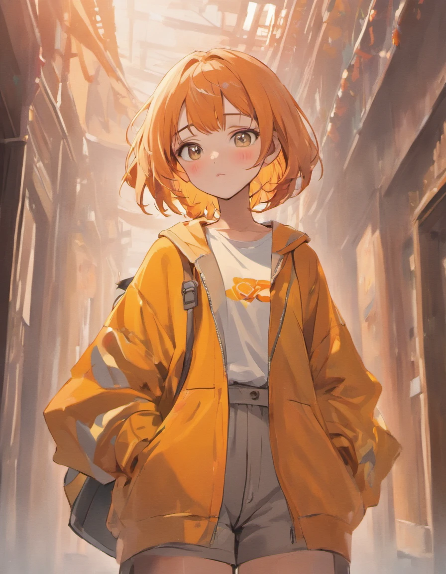 (best quality,4k,8k,highres,masterpiece:1.2),ultra-detailed,realistic,beautiful anime-style portrait,smooth anime CG art style,detailed digital anime artwork,moe anime art style,portrait of a cute anime girl,digital rendering,art game style, Costume planning theme autumn and winter return to dust,Style: Urban simplicity, Old money style, Reference brand TEME 2023. Moya Seoul 2023 colors: Peach, Amber brown, Orange-yellow details: The top is smart,Casual culottes with loose straps,White shirt material: linen, Cotton, Silk, fleece, Full body front design,anime girl with a backpack, japanese art style, artgerm and atey ghailan, smooth anime cg art, beautiful anime portrait, portrait anime girl, detailed digital anime art, anime moe artstyle, dark hairshorth, hairRound, facedrooing, droopy eyes, smile, white background
