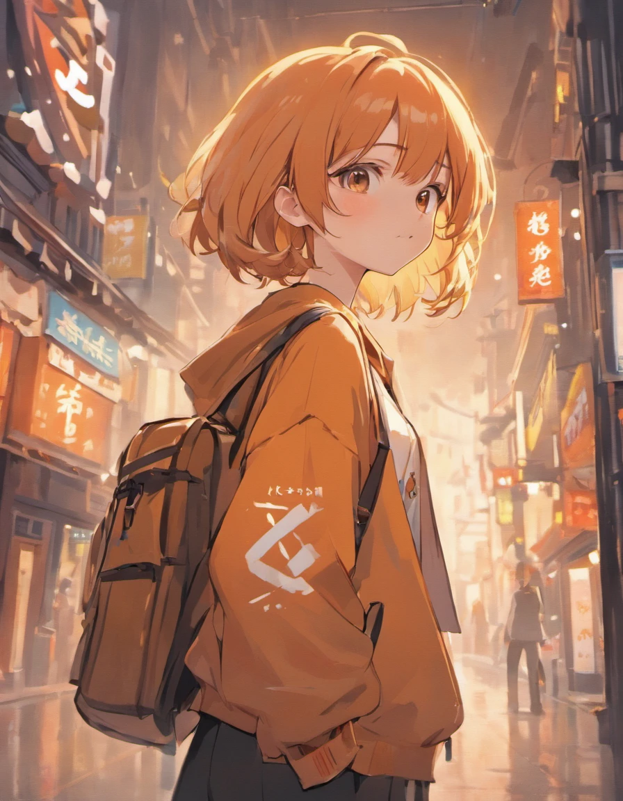 (best quality,4k,8k,highres,masterpiece:1.2),ultra-detailed,realistic,beautiful anime-style portrait,smooth anime CG art style,detailed digital anime artwork,moe anime art style,portrait of a cute anime girl,digital rendering,art game style, Costume planning theme autumn and winter return to dust,Style: Urban simplicity, Old money style, Reference brand TEME 2023. Moya Seoul 2023 colors: Peach, Amber brown, Orange-yellow details: The top is smart,Casual culottes with loose straps,White shirt material: linen, Cotton, Silk, fleece, Full body front design,anime girl with a backpack, japanese art style, artgerm and atey ghailan, smooth anime cg art, beautiful anime portrait, portrait anime girl, detailed digital anime art, anime moe artstyle, dark hairshorth, hairRound, facedrooing, droopy eyes, smile, white background