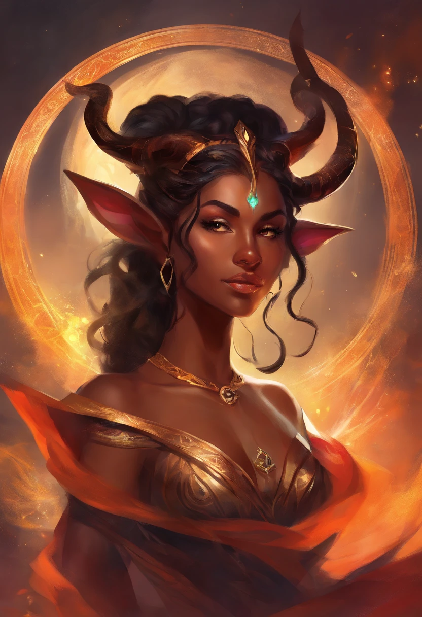 Female tiefling warlock dark hair bright skin