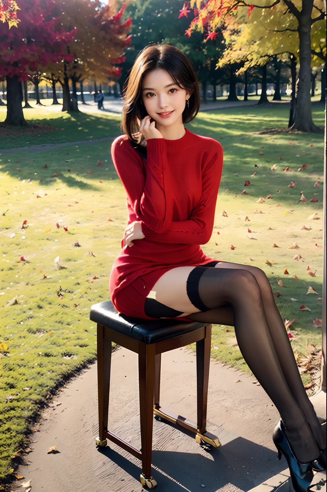 (shoulder-length straight short black hair:0.9),Upper body, （Extremely meticulous CG 8k wallpaper），（Extremely refined and beautiful），（Masterpiece），（best qualtiy:1.0），（Ultra High Resolution:1.0），beautiful light up，Perfect lightning，realistic shaded，[A high resolution],(Smooth and flawless fair skin:1.5),(shiny skin:1.5),Extremely exquisite facial details，ultra - detailed，A  girl，small head，Smile，cheerfulness, late autumn,afternoon，Close Shot,(in park:1.5), clear sky, blue sky,trees with red leaves,red leaves flying in the air,Many yellow leaves on the ground,Yellow Grassland,Bright sunlight,Sitting upright on a stool next to a piano，(Playing piano with both hands:1.3)，enjoying a comfortable and intoxicated expression,small face,hair flying,(perfect body:1.1）,small breasts，flat chest，slim，thin，(red sweater Dress:1.5),(stockings:1.3),Slender legs,upper body